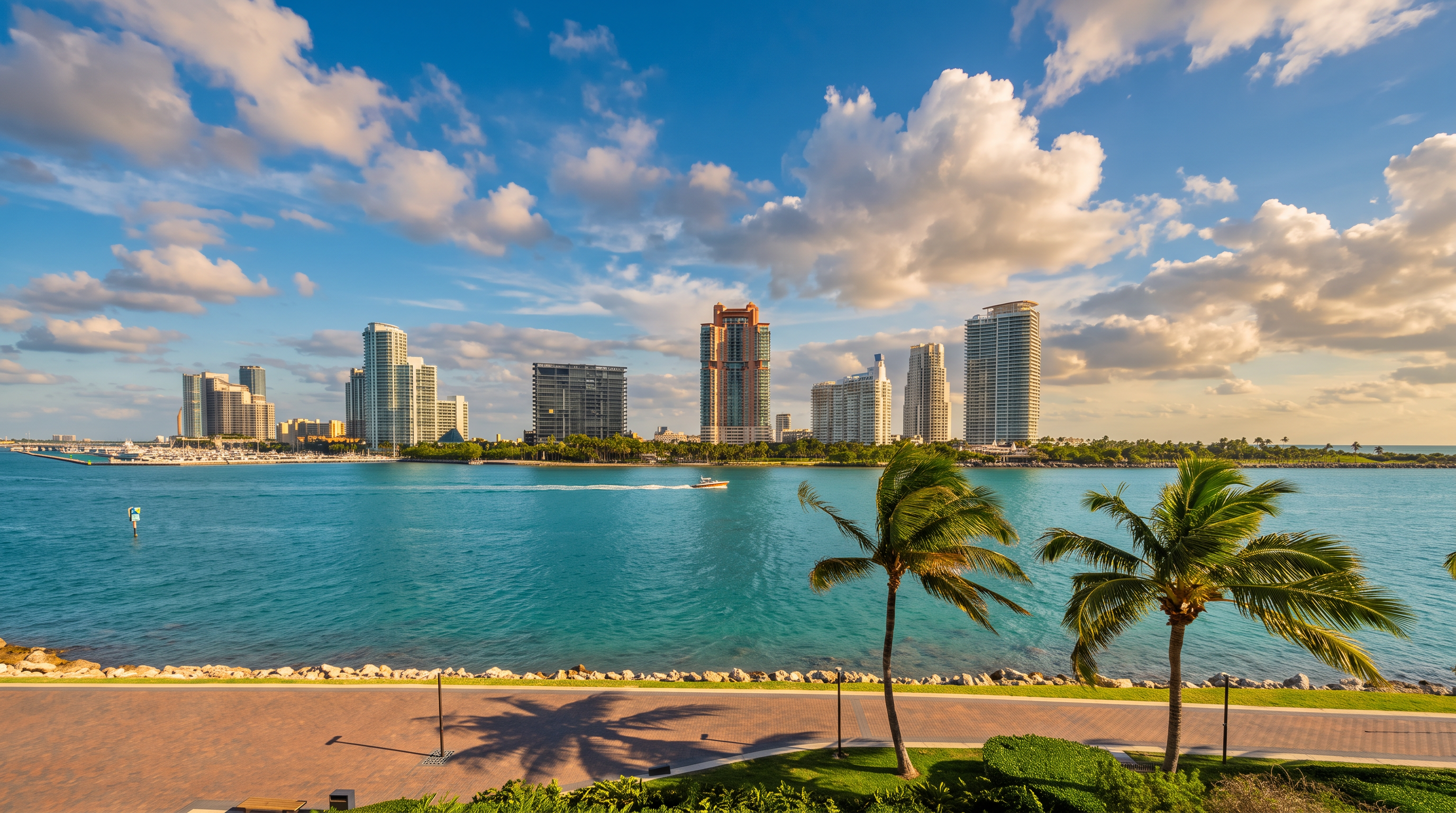 This elevated view captures a scenic waterfront perspective from a balcony, overlooking a vibrant blue bay and a distant city skyline. In the foreground, two palm trees frame the vista, while a paved walkway and manicured green lawn sit below. The bright, clear sky and expansive water view create a serene and luxurious coastal atmosphere.