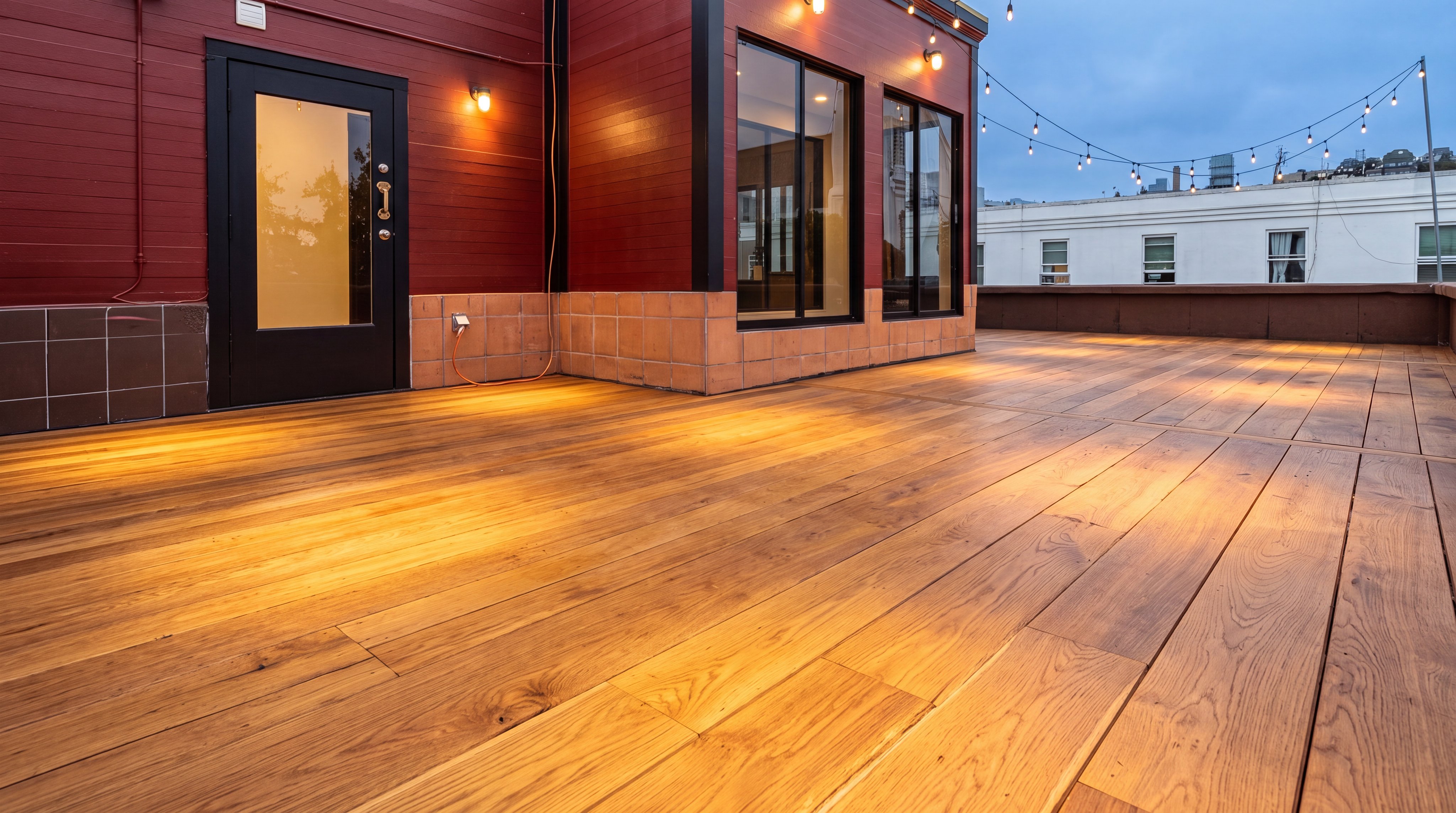 This stunning rooftop deck features high-quality natural wood decking illuminated by warm ambient lighting, creating a sophisticated and inviting atmosphere. The space is accented by a vibrant red exterior wall, large windows, and a string of Edison-style bulbs that enhance the evening ambiance. It provides a modern, elevated outdoor living area complete with a seamless transition to the interior.
