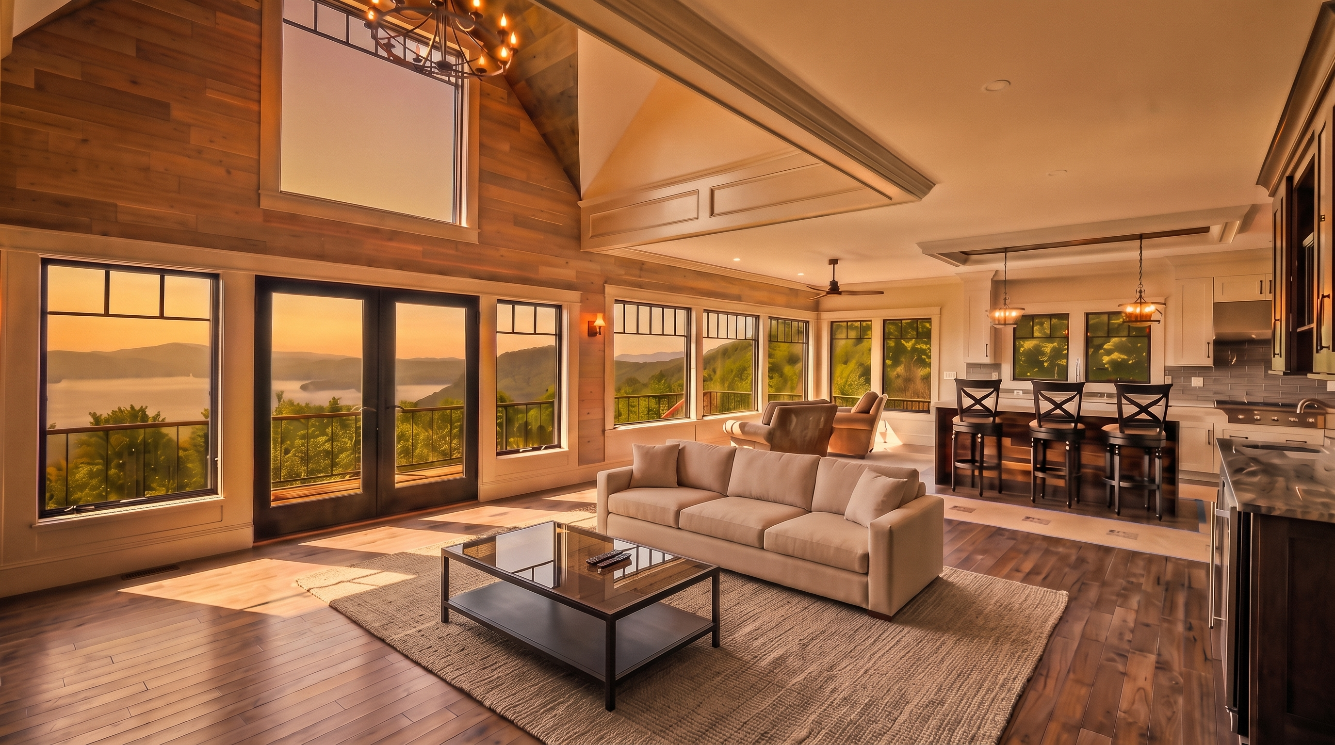This spacious, modern open-concept living area features vaulted wood-paneled ceilings and expansive floor-to-ceiling windows that offer breathtaking panoramic mountain and water views. The room is anchored by a comfortable light-neutral sofa and a sleek glass coffee table, complemented by an adjoining kitchen with a breakfast bar. The combination of natural textures, abundant sunlight, and high-end finishes creates an airy, luxurious, and serene living environment.