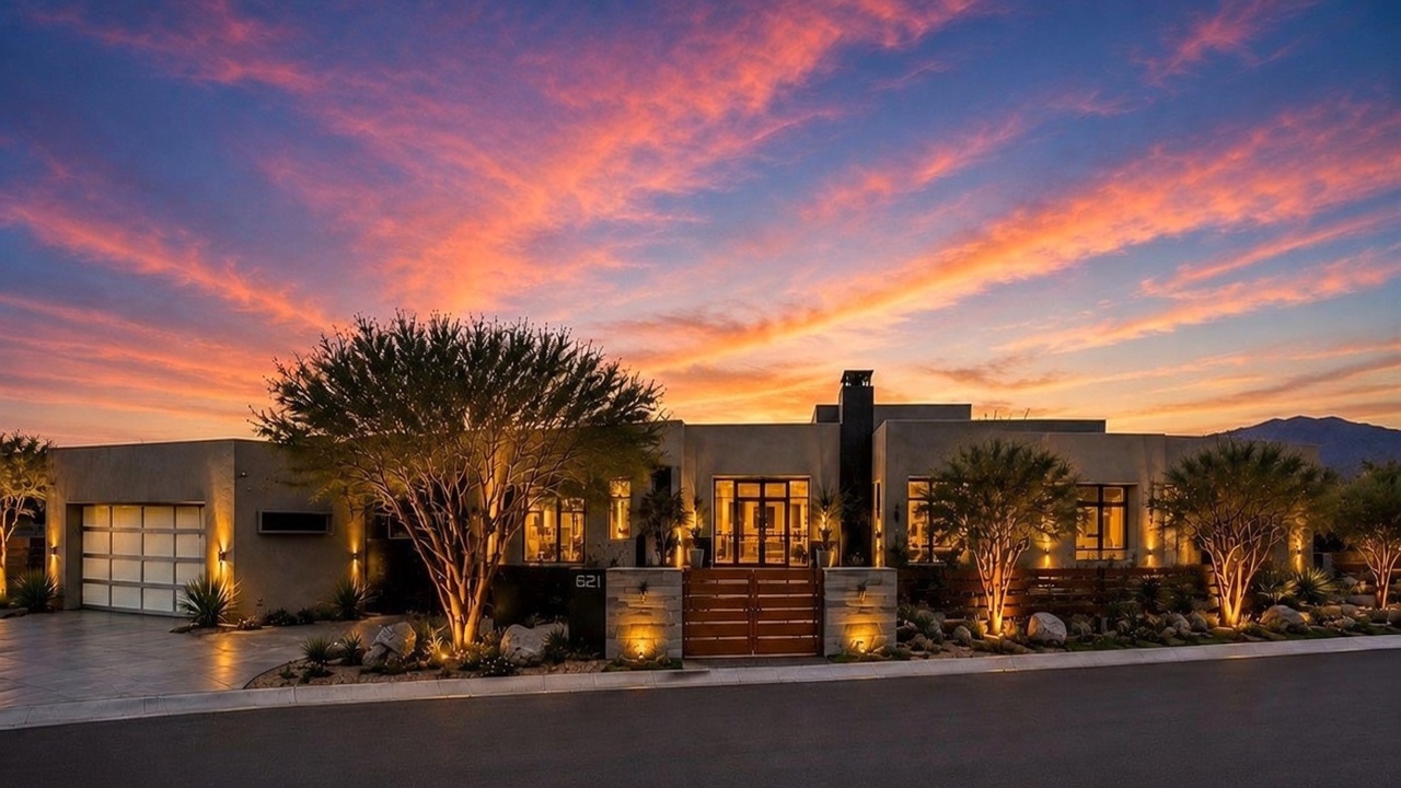 This striking modern residence is captured at dusk, showcasing a dramatic sunset sky behind its clean, horizontal architectural lines. The front facade features a gated courtyard entrance, a multi-car garage, and warm exterior lighting that highlights the desert landscaping and mature trees. The perspective is a wide, eye-level shot from the street, emphasizing the home's contemporary curb appeal and inviting atmosphere.