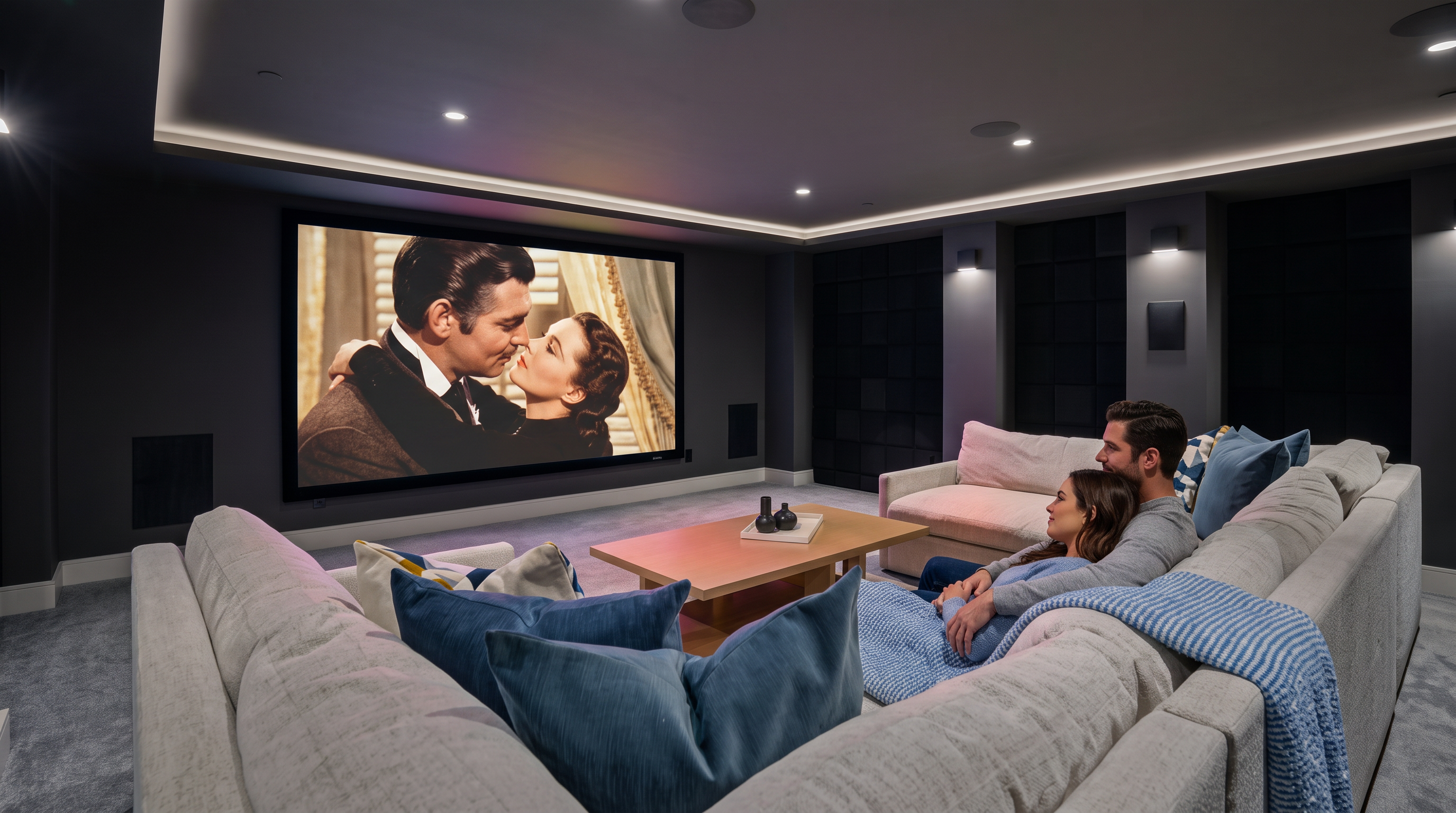 This sophisticated home theater room features a large projection screen displaying a classic film, complemented by tiered plush sectional seating perfect for viewing. The space is finished with high-end acoustic wall panels, recessed cove lighting, and a neutral, modern color palette. It offers a cozy, cinematic experience, making it an excellent entertainment asset for any luxury property.
