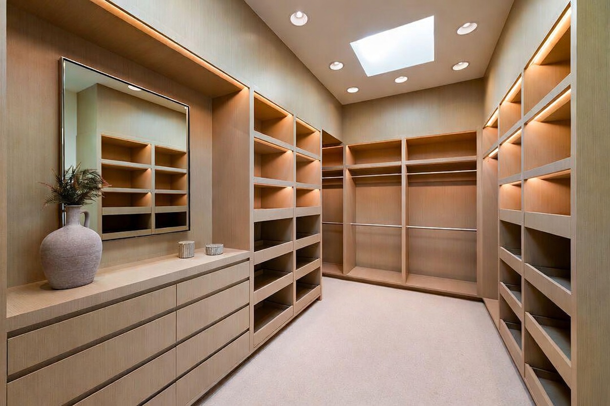 This luxurious, modern walk-in closet features custom light-wood cabinetry with integrated LED accent lighting throughout. The space includes a central vanity area with a large mirror, ample shelving, and hanging rods, all set against a neutral, high-end aesthetic. A skylight provides natural illumination, enhancing the clean, organized, and sophisticated atmosphere of the room.
