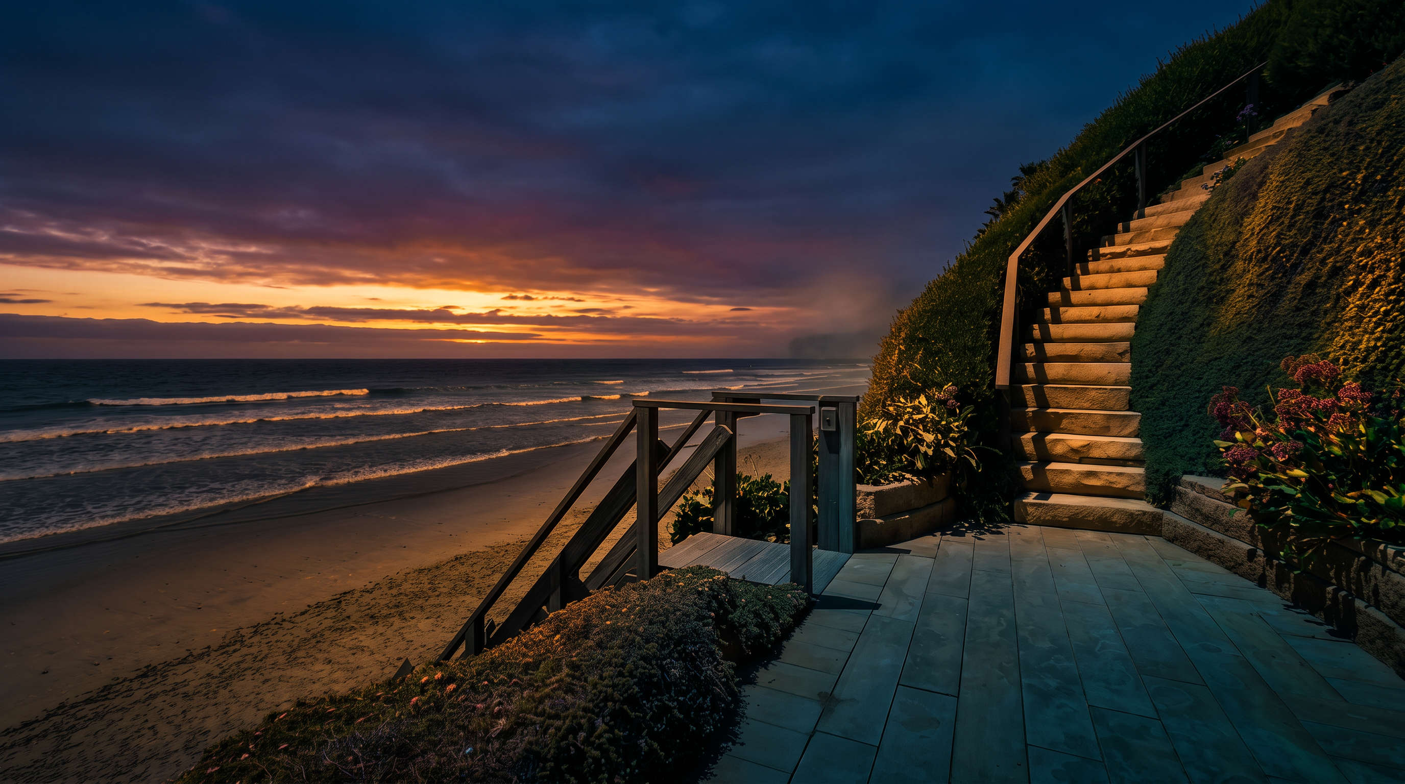 This coastal property features a private, paved patio area that seamlessly transitions into a set of stairs leading directly down to the sandy beach. The scene is framed by lush, manicured landscaping on the right and a wooden staircase with a railing that provides exclusive access to the shoreline. The expansive ocean view and clear blue sky create a serene, high-end atmosphere perfect for seaside living.