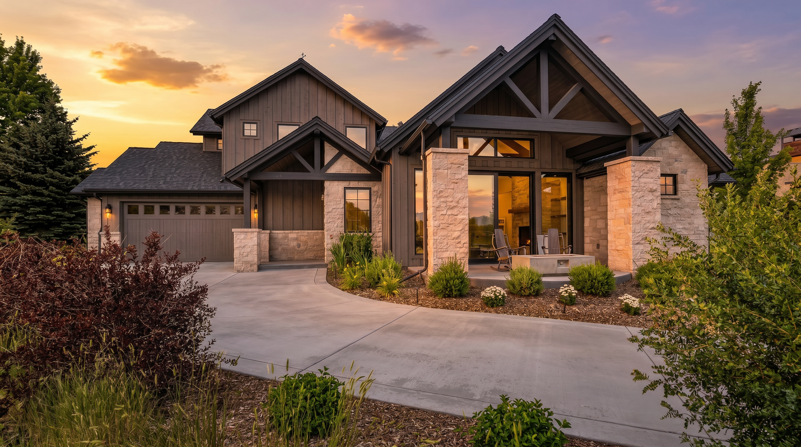 This stunning modern farmhouse features a sophisticated blend of stone and dark wood siding, creating a high-end, rustic-contemporary aesthetic. The front elevation showcases a spacious concrete driveway leading to a multi-car garage, complemented by a covered patio area with a fire pit and manicured landscaping. The bright blue sky provides a vibrant backdrop, emphasizing the home's clean lines and architectural depth.