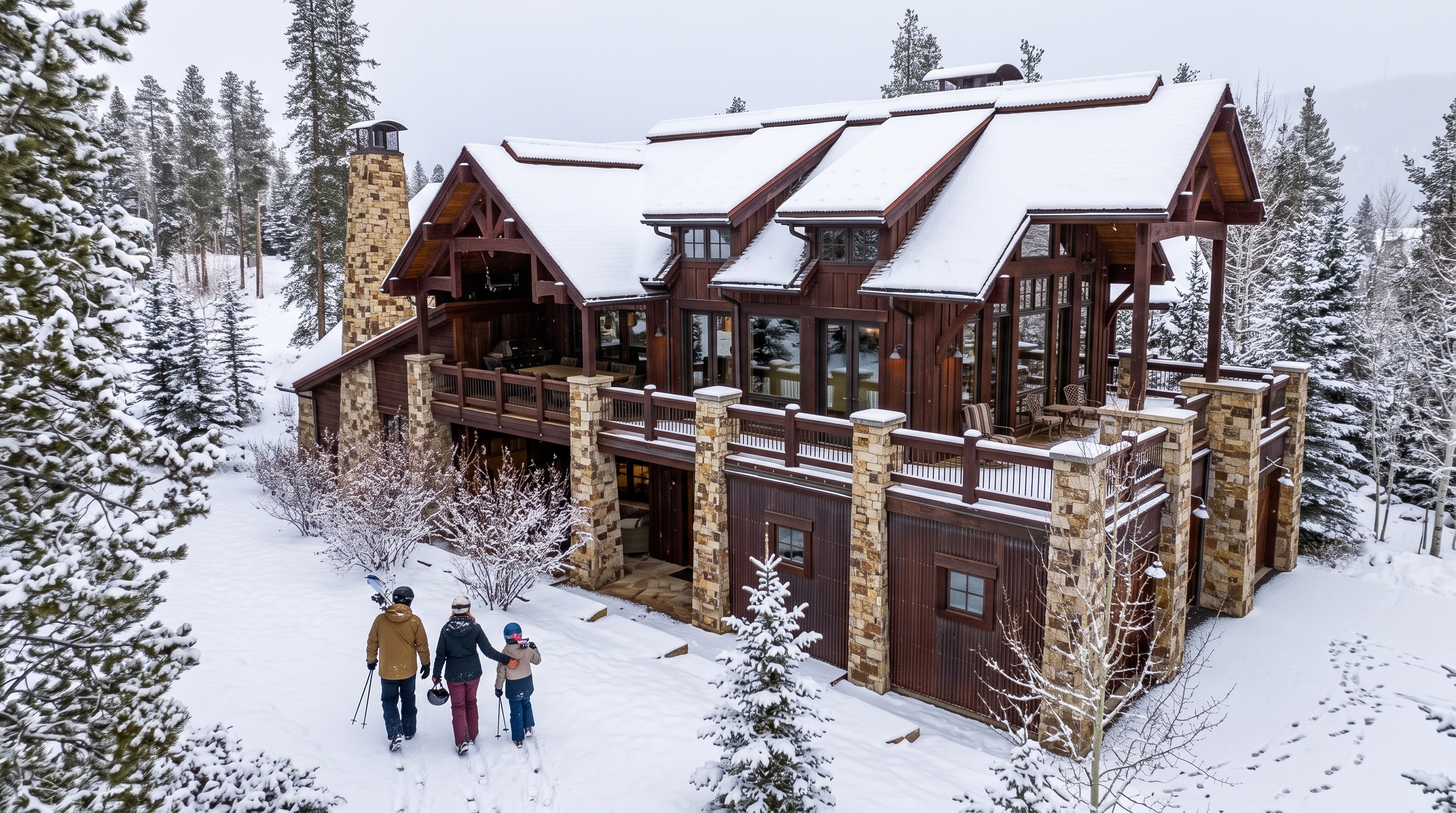 This stunning mountain home showcases a sophisticated blend of rustic wood siding, stacked stone pillars, and a multi-gabled roofline blanketed in snow. The aerial perspective highlights the home's expansive multi-level decks and seamless integration into a lush, snow-covered forest landscape. A family walking toward the home emphasizes the property's inviting nature and premier location as a luxury ski retreat.