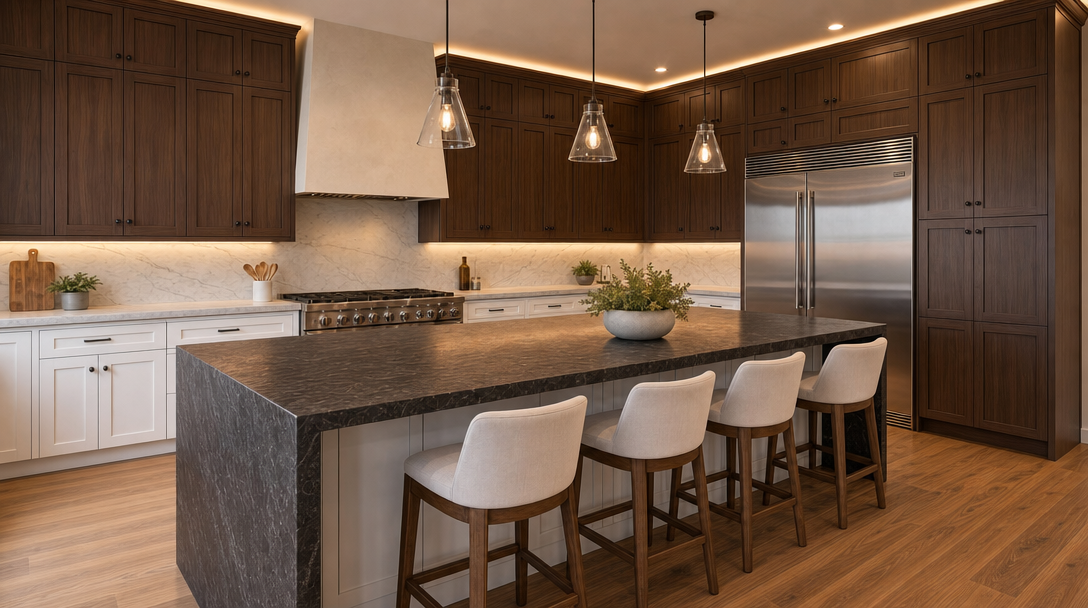 This sophisticated, modern kitchen features a striking contrast between dark wood upper cabinets and crisp white lower cabinetry, complemented by high-end stainless steel appliances including a built-in refrigerator and large professional-style range. A spacious center island with a dark stone waterfall countertop provides ample seating and workspace, perfectly illuminated by elegant pendant lighting. The combination of under-cabinet lighting, marble backsplash, and rich hardwood flooring creates a luxurious and inviting atmosphere.