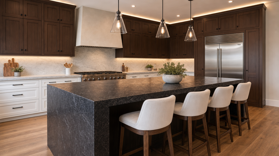 This sophisticated kitchen design features a blend of dark wood upper cabinets and crisp white lower cabinetry, accented by a striking black marble waterfall island. The space is well-lit with pendant lights and integrated under-cabinet lighting, highlighting the elegant marble backsplash and stainless steel appliances. The overall aesthetic is modern and high-end, offering both functional workspace and stylish seating at the island.