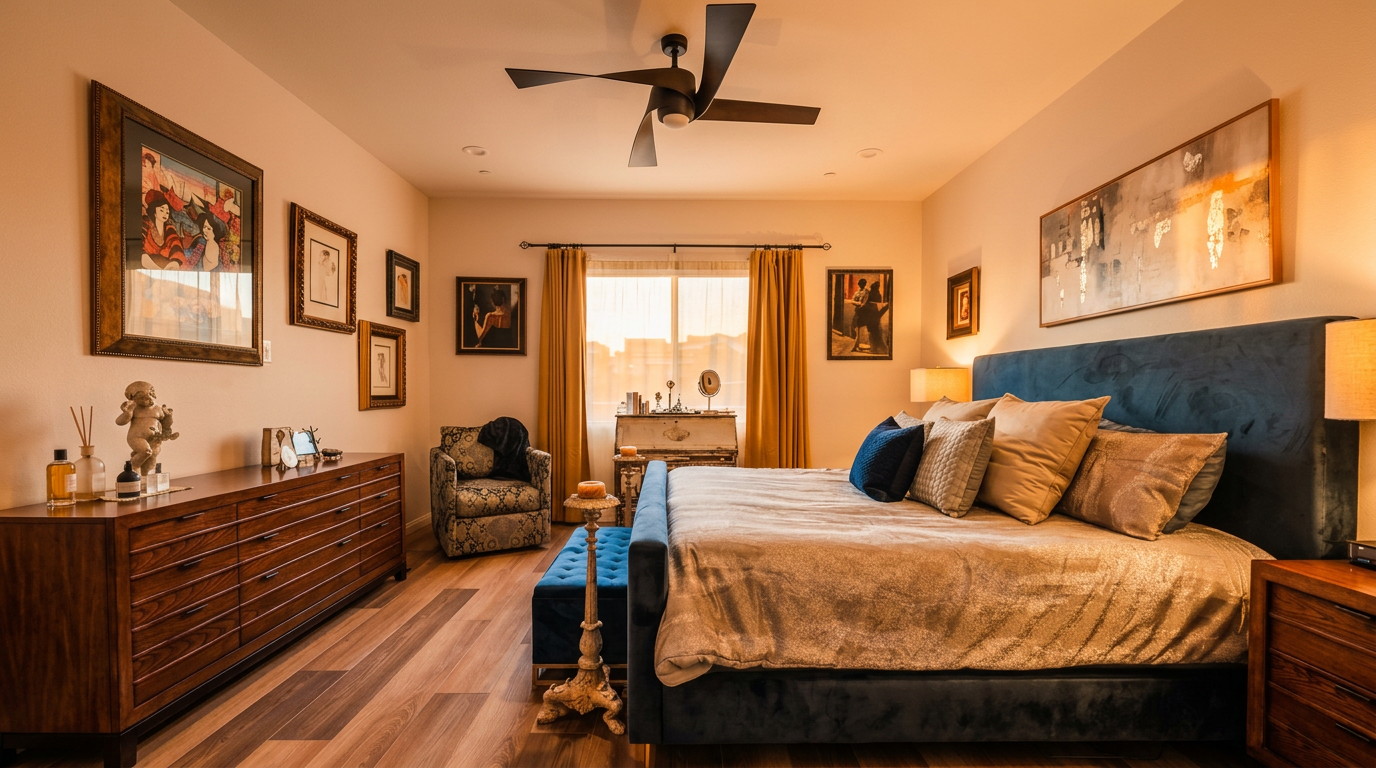 This primary bedroom features a large blue upholstered bed as the focal point, complemented by a long wooden dresser and a patterned armchair. The room is decorated with multiple framed artworks on the walls, warm-toned curtains framing a window, and a ceiling fan overhead. The space has a sophisticated, curated aesthetic with wood-look flooring and a plush blue bench at the foot of the bed.