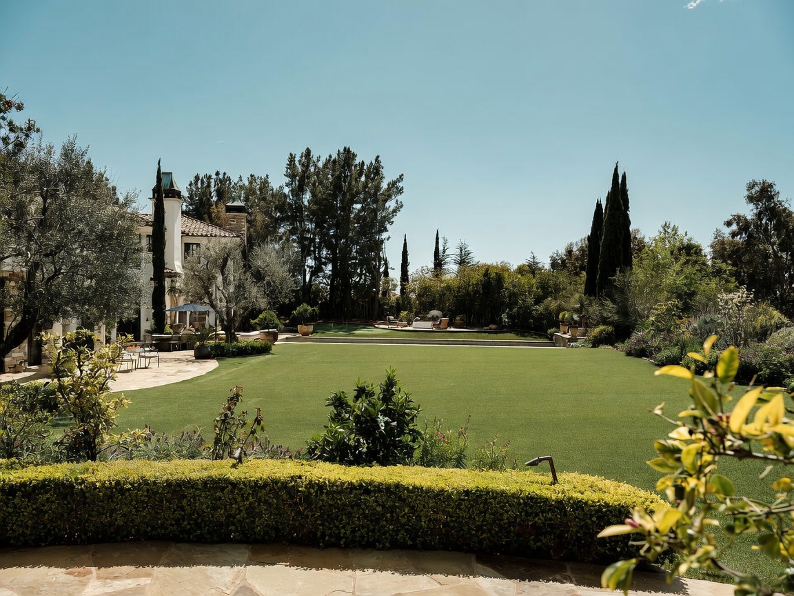 This expansive backyard features a meticulously manicured lawn that serves as the centerpiece of the outdoor space. The scene is framed by mature trees, lush hedges, and a stone-paved patio area near the house, creating a serene and private atmosphere. The perspective is captured from a slightly elevated vantage point, looking out across the green expanse toward the dense foliage in the background.