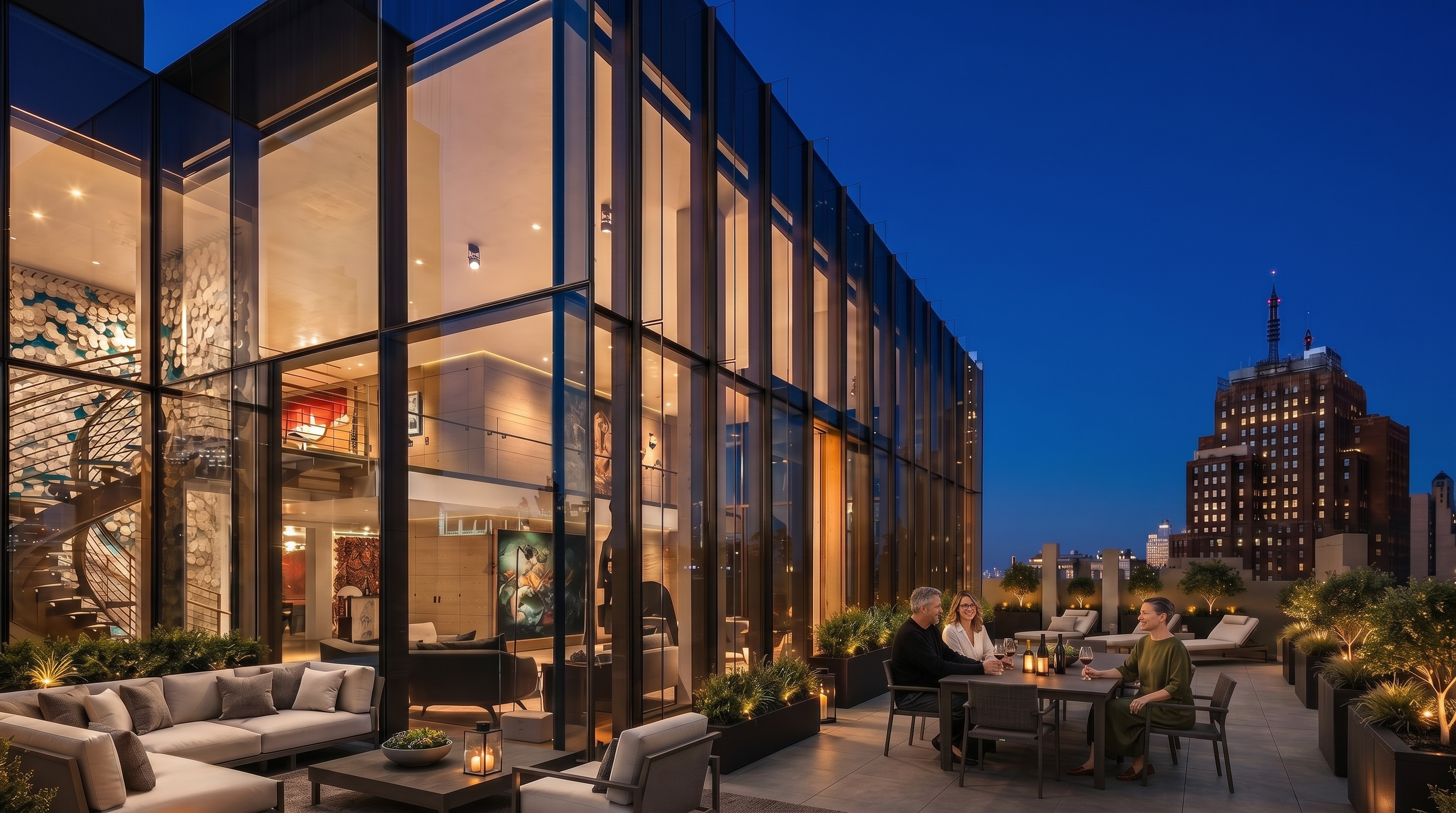This expansive luxury terrace features a sophisticated outdoor living and dining area set against a backdrop of a dramatic city skyline at dusk. The space is enclosed by floor-to-ceiling glass walls that reveal a multi-level interior, including a striking spiral staircase. The terrace is furnished with contemporary lounge seating and a large dining table, all illuminated by soft, ambient lighting that creates an inviting and upscale atmosphere.