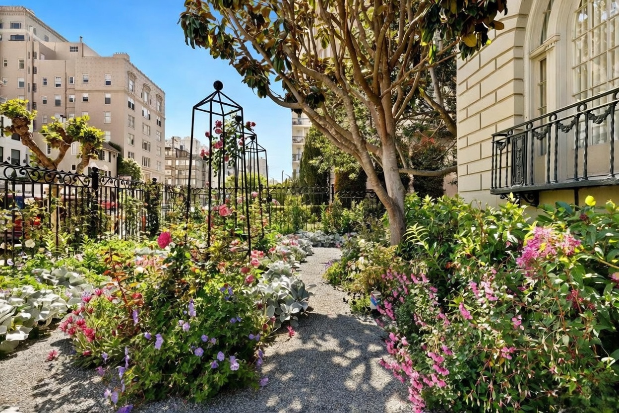 This lush, manicured garden features a gravel pathway winding through vibrant flower beds filled with roses, purple perennials, and silver-leafed plants. Tall, black metal trellises support climbing roses, while a mature tree provides dappled shade over the path. The scene is framed by a classic black iron fence and the side of a stately building with a decorative wrought-iron balcony, creating a serene and elegant urban oasis.