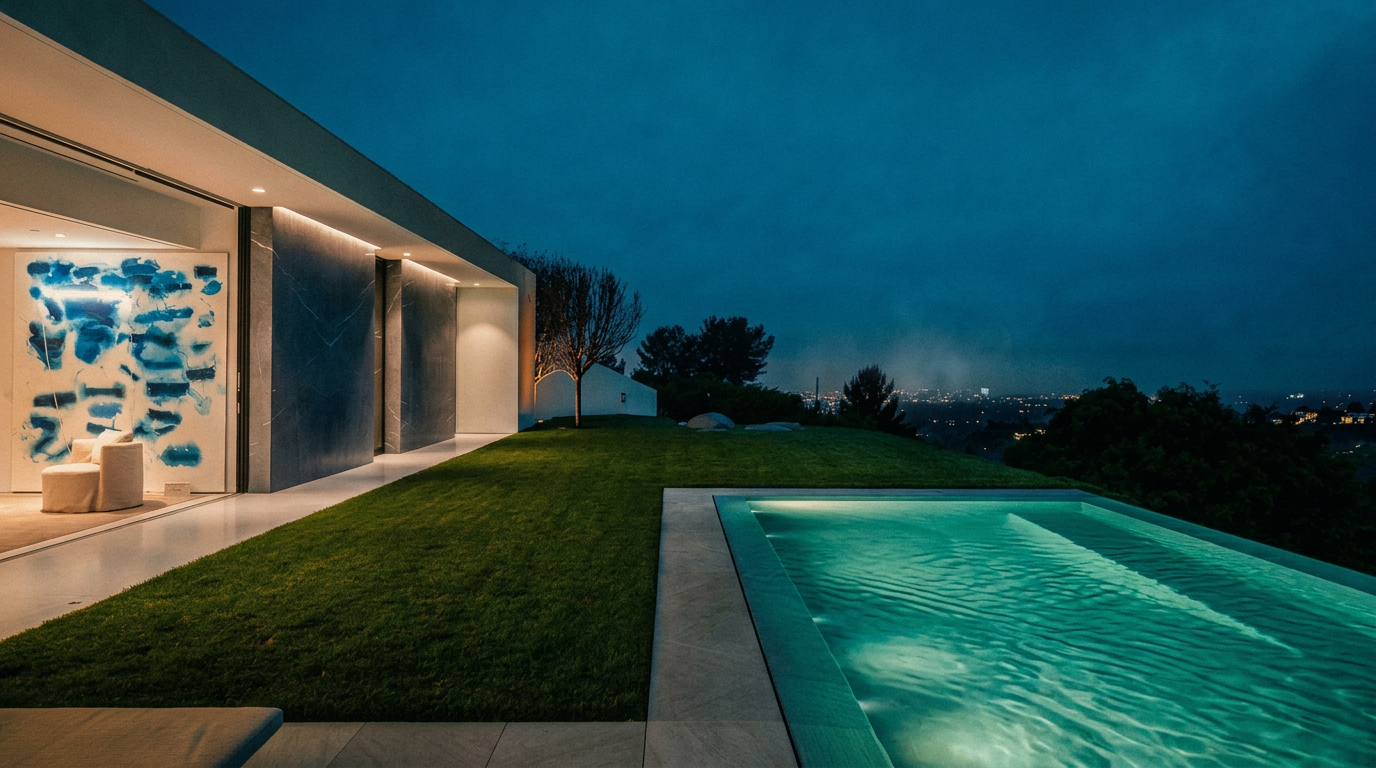 This stunning modern residence features a seamless indoor-outdoor transition, highlighted by a sleek infinity-edge pool overlooking a panoramic city skyline at dusk. The minimalist architecture is complemented by a manicured lawn and dramatic recessed lighting, creating an atmosphere of sophisticated luxury. The perspective captures the serene pool deck and the expansive horizon, emphasizing the property's exclusive hilltop setting.