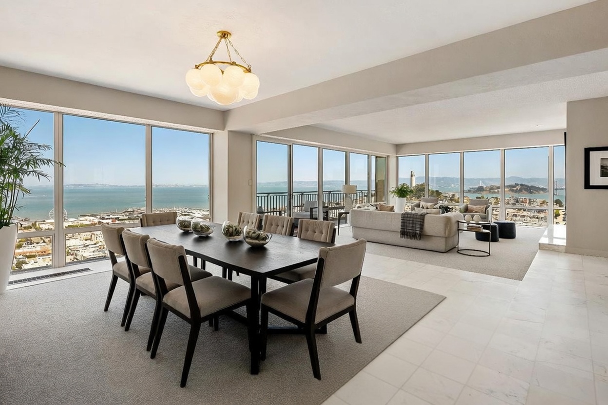 This open-concept living and dining area features a sophisticated, modern aesthetic with expansive, wall-to-wall windows that provide panoramic views of the bay and city skyline. The dining space is anchored by a dark wood table surrounded by six upholstered chairs, illuminated by a contemporary multi-globe chandelier. The adjacent living area is furnished with a neutral-toned sofa and armchairs, all set against a backdrop of bright, natural light and a seamless transition between the carpeted dining area and the light-toned stone flooring in the foreground.