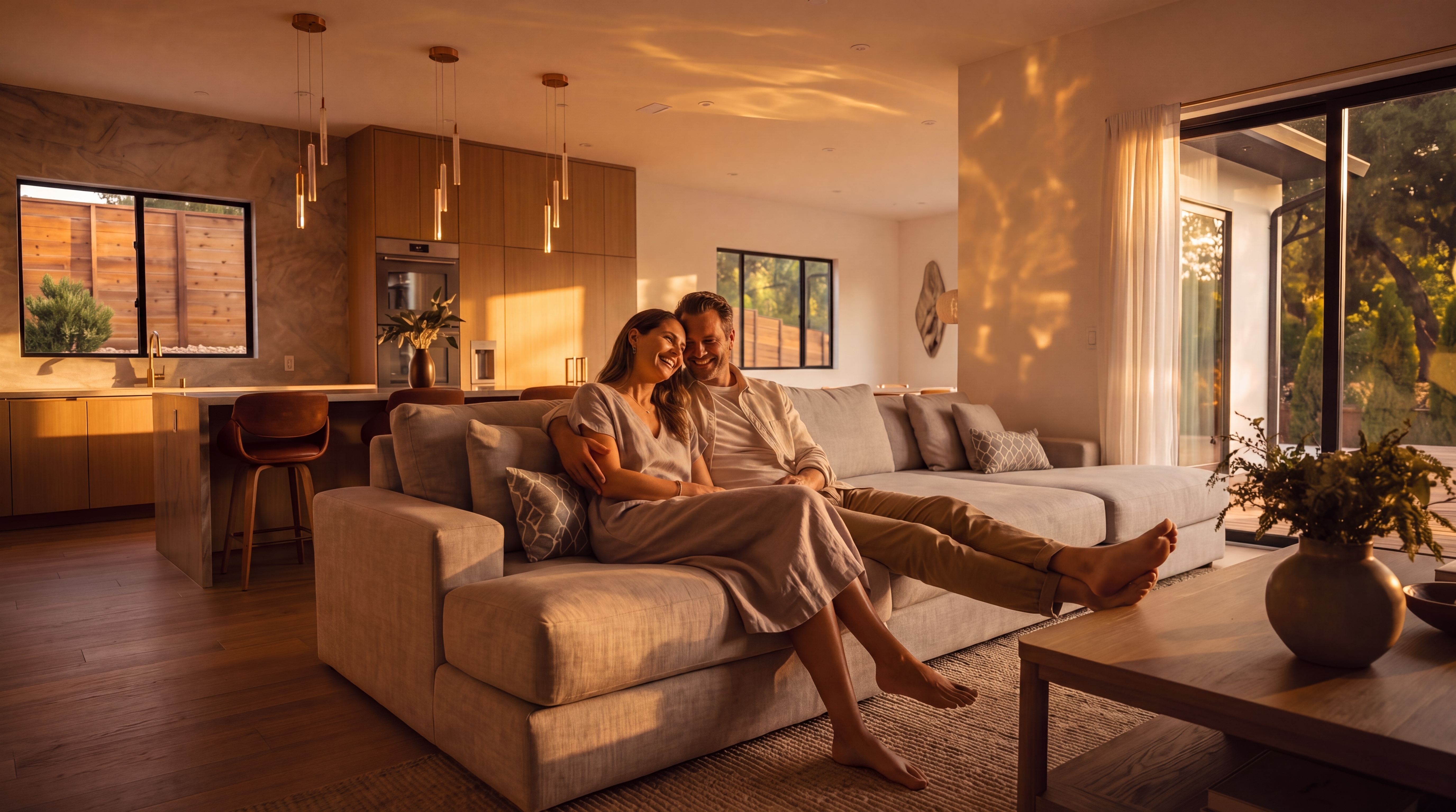 This inviting interior space features an open-concept living area with a large, comfortable sofa and a modern, minimalist aesthetic. The room is bathed in warm, natural golden-hour light, highlighting the sleek kitchen cabinetry in the background and the seamless transition to the outdoor patio through sliding glass doors. The neutral color palette and high-end finishes create a sophisticated, cozy atmosphere ideal for relaxed living.