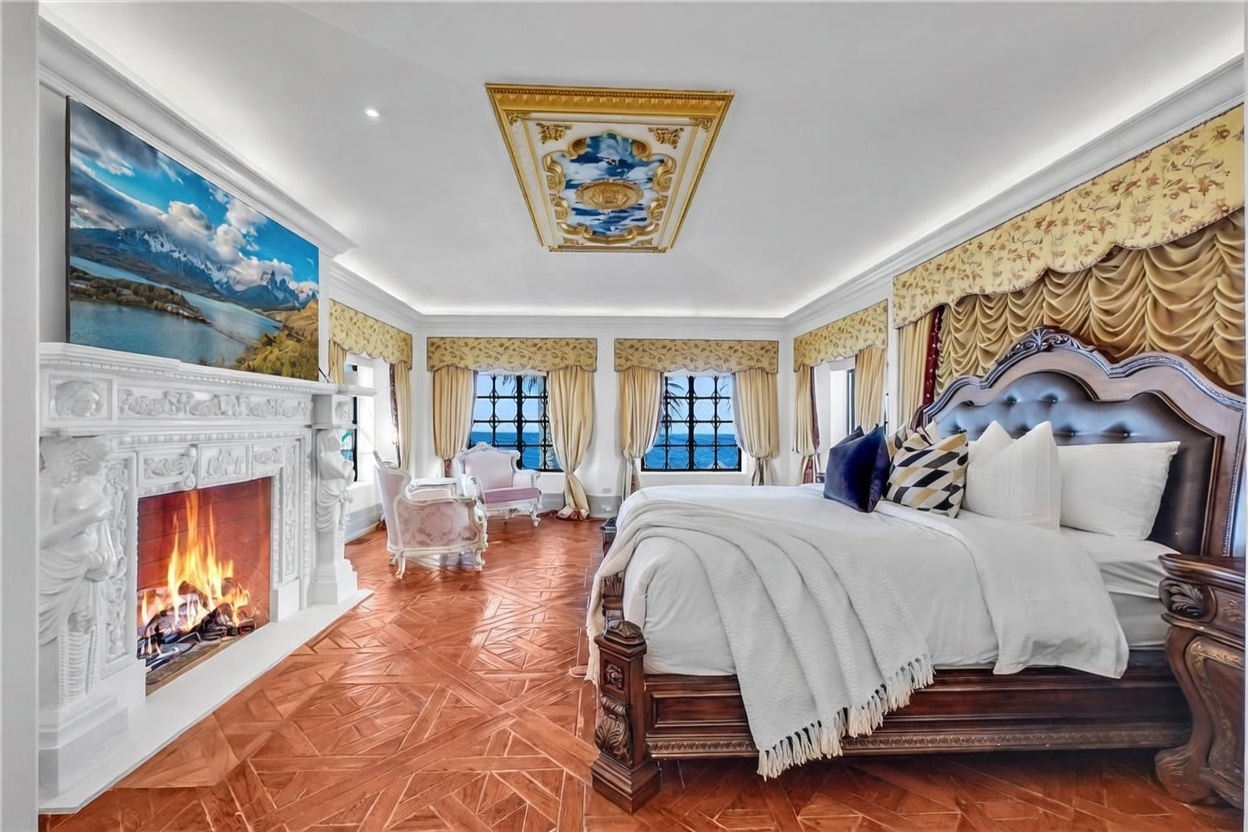 This opulent primary bedroom features intricate parquet wood flooring and a grand bed with a tufted leather headboard, framed by ornate gold-toned valances and drapery. A prominent white fireplace with detailed sculptural carvings serves as a focal point, topped by a large television displaying a scenic landscape. The room is illuminated by a decorative ceiling medallion and offers expansive views of the ocean through multiple windows.