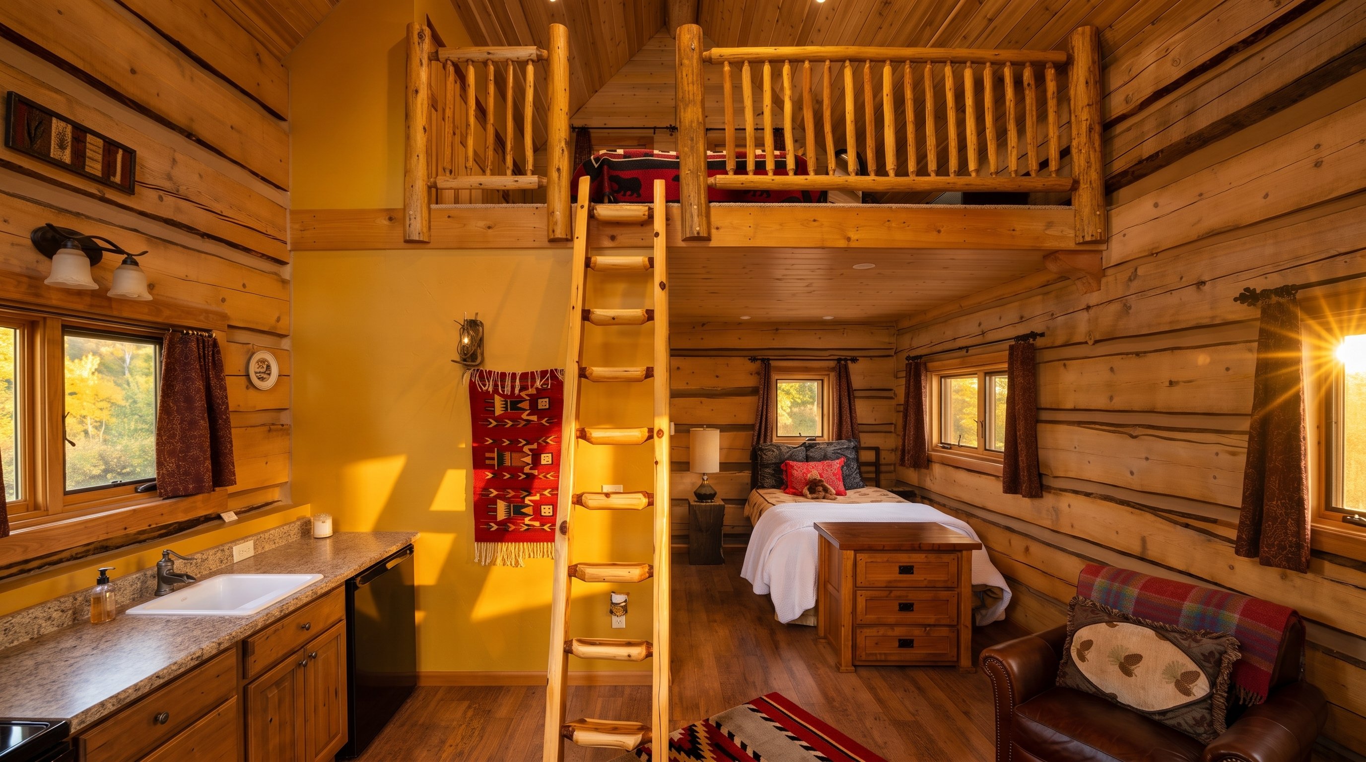 This cozy rustic cabin interior features a bedroom area with a bed, a wooden chest, and a loft space accessible by a log ladder. The room is characterized by warm wood-paneled walls, a vibrant yellow accent wall, and a small kitchenette area with a sink and counter. The overall atmosphere is inviting and compact, blending traditional log cabin aesthetics with functional living space.