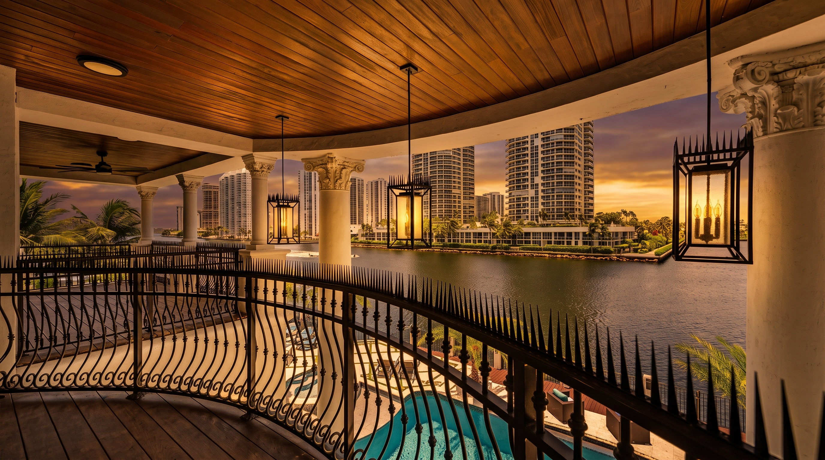 This expansive, curved balcony features a rich wood-plank ceiling and flooring, creating a warm and sophisticated outdoor living space. The area is defined by ornate wrought-iron railings with decorative spikes and classic columns, overlooking a private swimming pool and a serene waterway lined with high-rise buildings. The perspective captures the elegant architectural details and the panoramic waterfront view, emphasizing a luxurious and tranquil atmosphere.