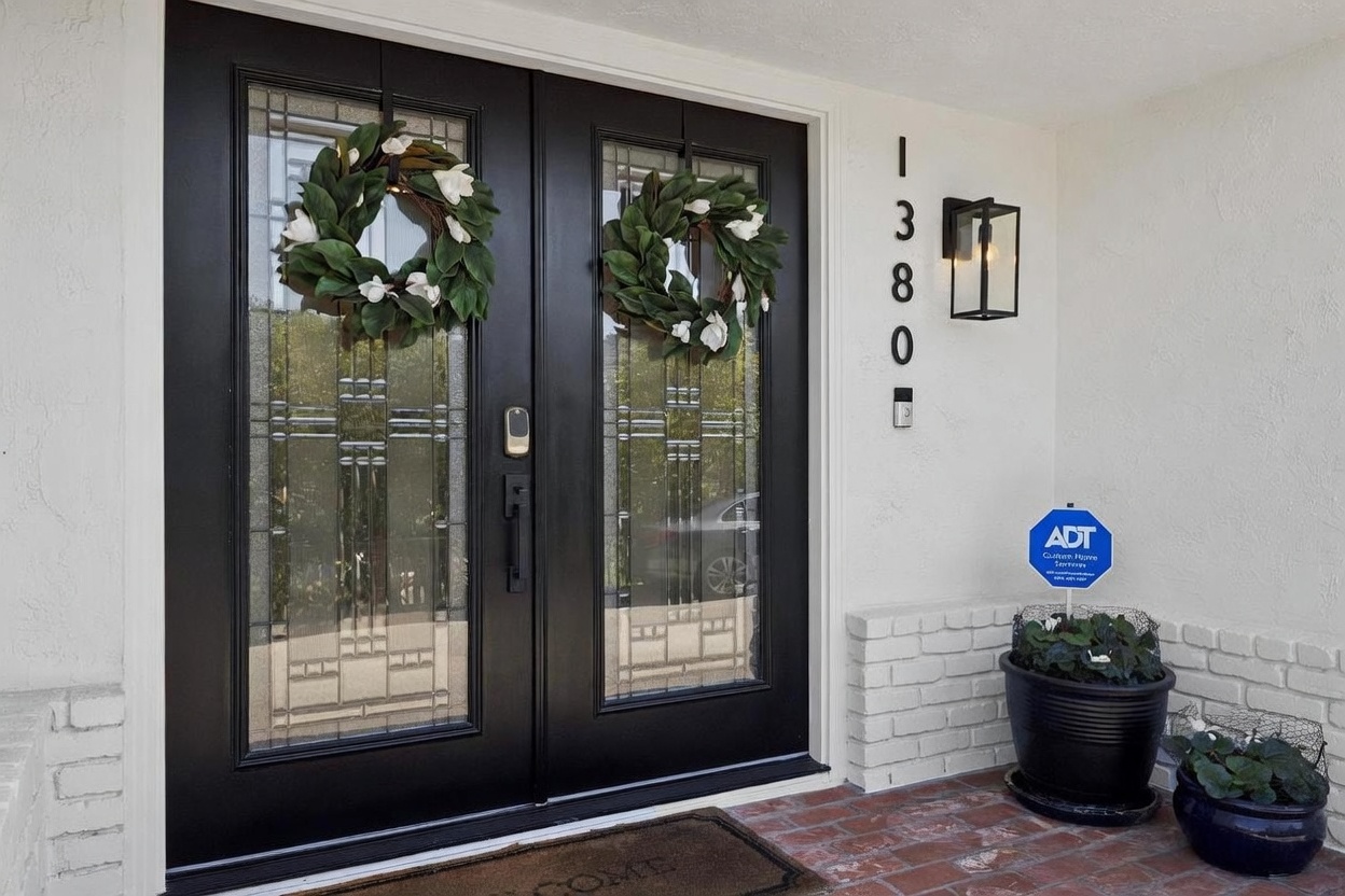 This inviting entryway features a striking set of double black doors with decorative glass inserts, each adorned with a matching magnolia wreath. The exterior is finished in a clean white stucco, complemented by a brick-paved porch and a modern black wall-mounted lantern. A potted plant and an ADT security sign sit to the right, while the house number '1380' is displayed vertically on the wall, creating a polished and welcoming curb appeal.