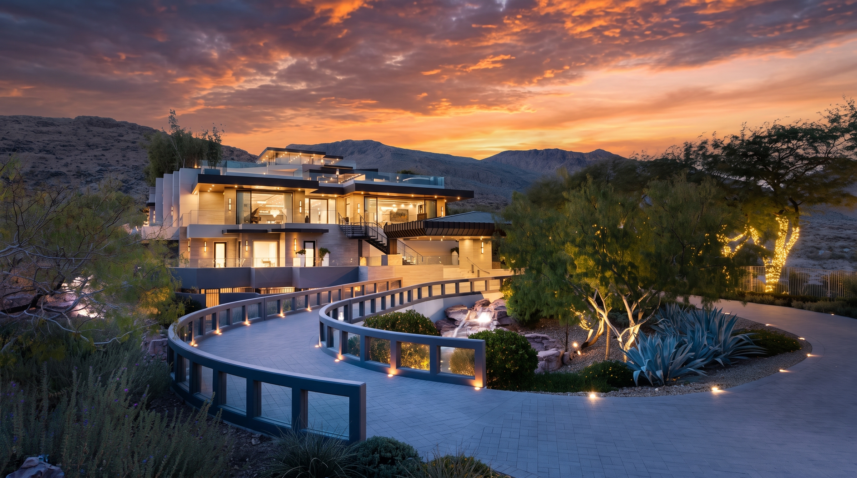 This striking modern luxury residence is captured at twilight, showcasing a multi-level architectural design with clean lines and expansive glass walls. A curved, illuminated walkway leads toward the main entrance, winding past a landscaped garden area with a small water feature. The home is set against a dramatic mountain backdrop, with warm exterior lighting highlighting the structure's sophisticated geometry and tiered terraces.
