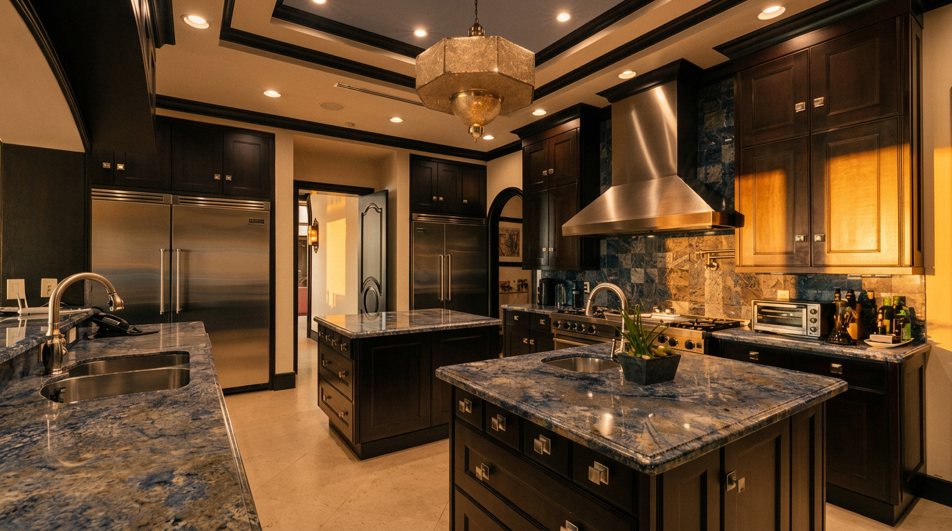 This luxurious kitchen features dark wood cabinetry contrasted by striking blue stone countertops and a matching blue tiled backsplash. The space is anchored by two large islands, one of which includes a prep sink, and is illuminated by a prominent decorative chandelier hanging from a recessed ceiling. Stainless steel appliances, including a professional-grade range hood and double refrigerators, complete the high-end aesthetic of this spacious culinary area.