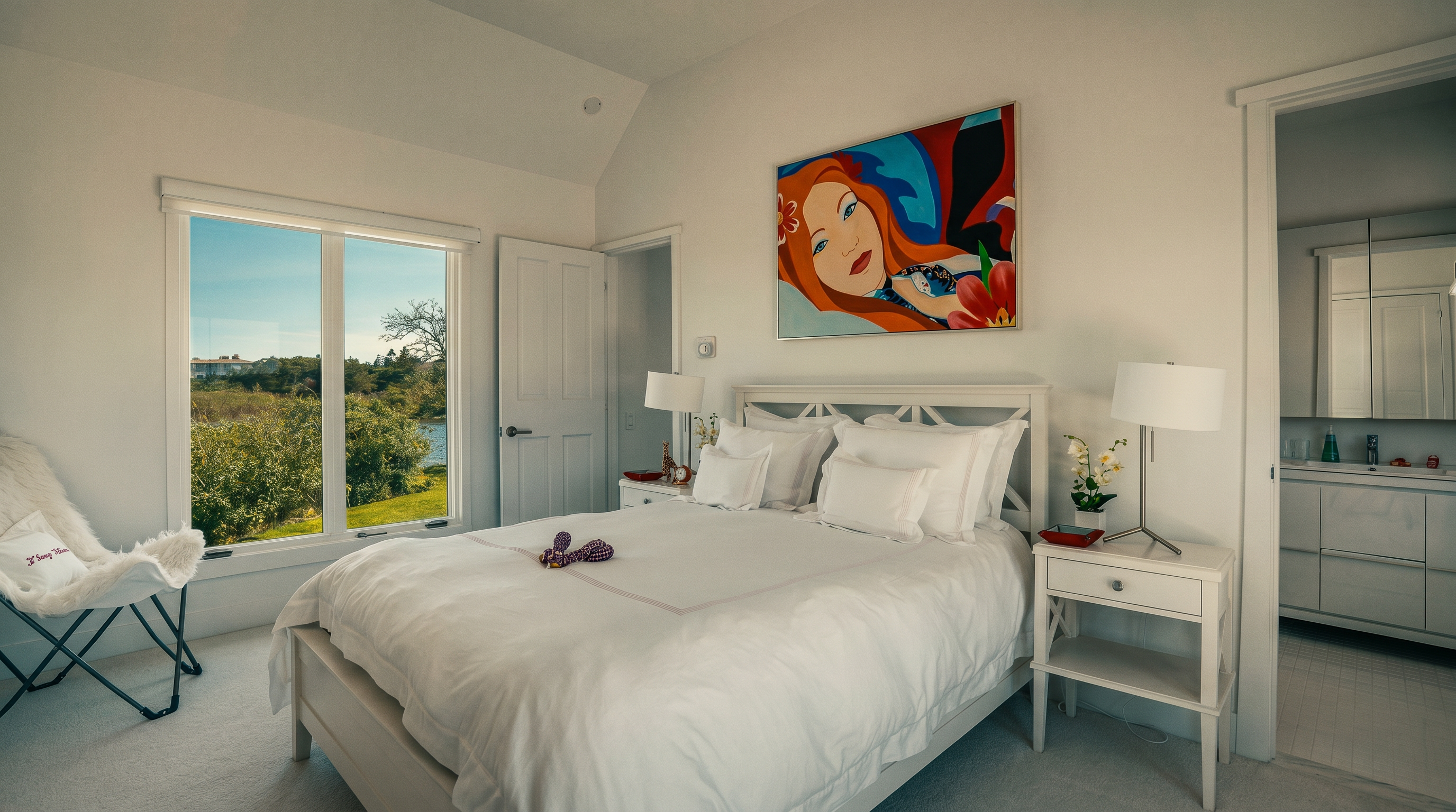 This bright and airy primary bedroom features a crisp white color palette, a plush bed with white linens, and a vibrant, colorful piece of pop-art hanging above the headboard. Large windows provide ample natural light and a scenic view of the lush greenery and water outside, while a white nightstand with a lamp sits to the right. A small, modern accent chair is positioned near the window, and an open doorway leads directly into a clean, white-tiled bathroom.