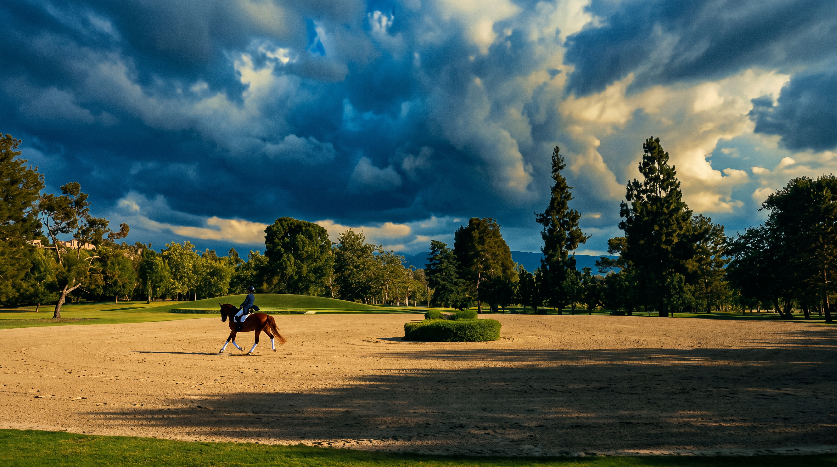 This wide-angle shot captures a sprawling equestrian riding arena set against a backdrop of lush green trees and a clear blue sky. A rider on horseback is seen practicing in the center of the sandy ring, which features a manicured circular hedge as a focal point. The scene conveys a sense of expansive, peaceful outdoor living and high-end recreational amenities.