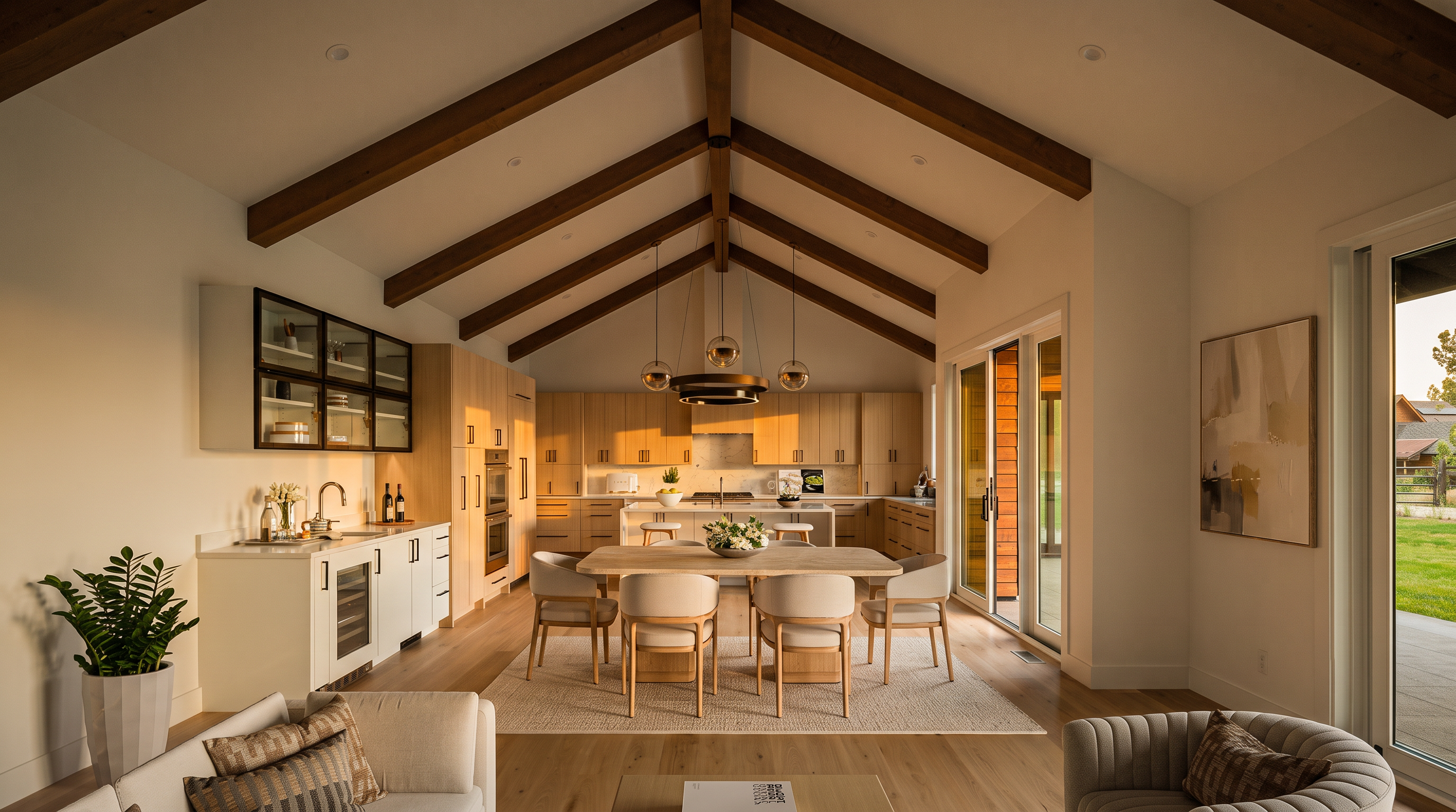This stunning open-concept kitchen and dining area features a dramatic vaulted ceiling with exposed wooden beams and high-end light-wood cabinetry. The space is anchored by a large central island and a modern dining table, blending clean contemporary lines with a warm, inviting aesthetic. Large sliding glass doors provide seamless indoor-outdoor flow while flooding the room with natural light.
