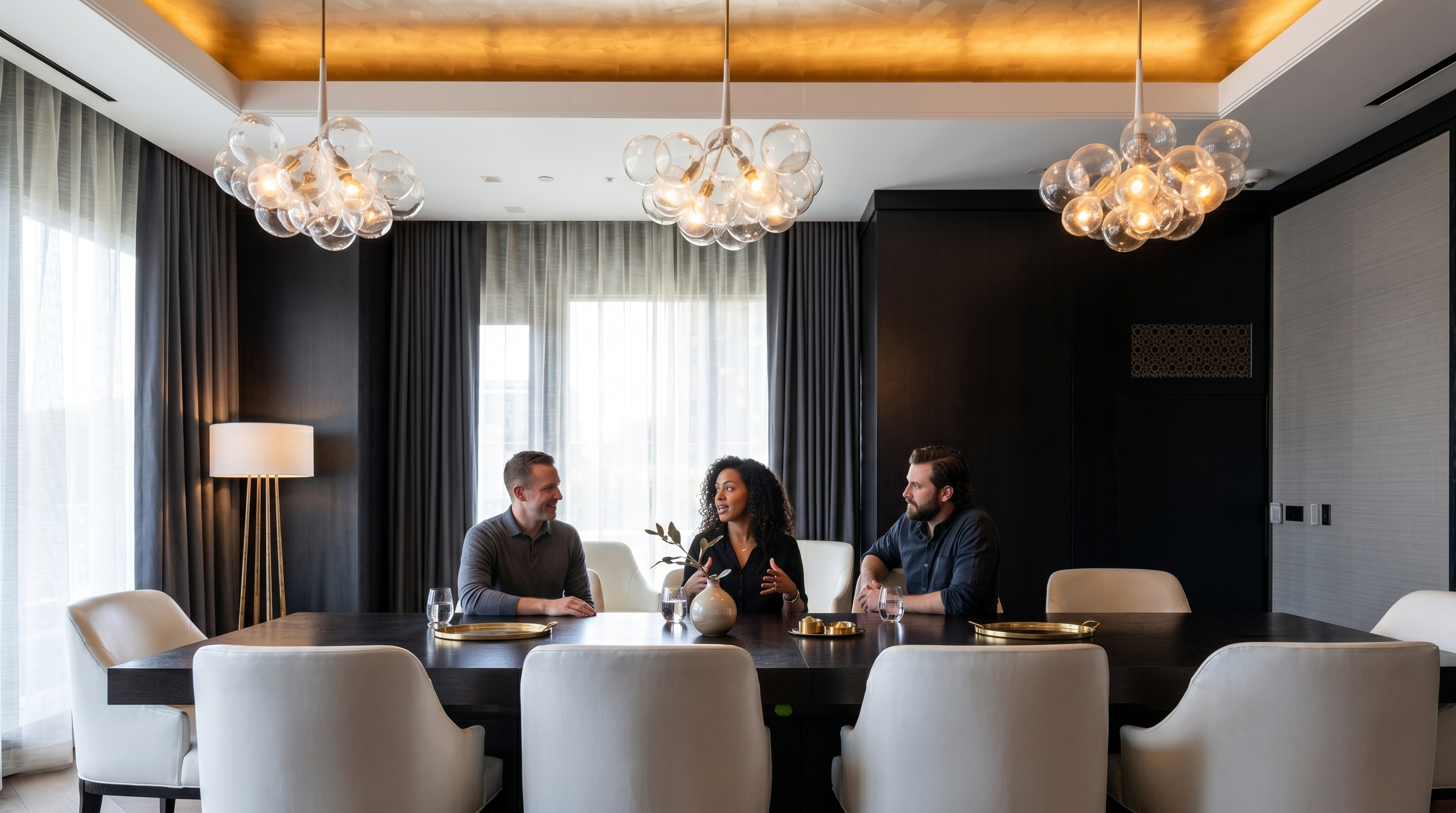 This sophisticated dining room features a long, modern dark-wood table surrounded by elegant, light-upholstered chairs. The space is anchored by three contemporary bubble-style pendant lights hanging from a stunning gold foil-finished ceiling tray, complemented by hardwood floors in a herringbone pattern and floor-to-ceiling sheer drapery.