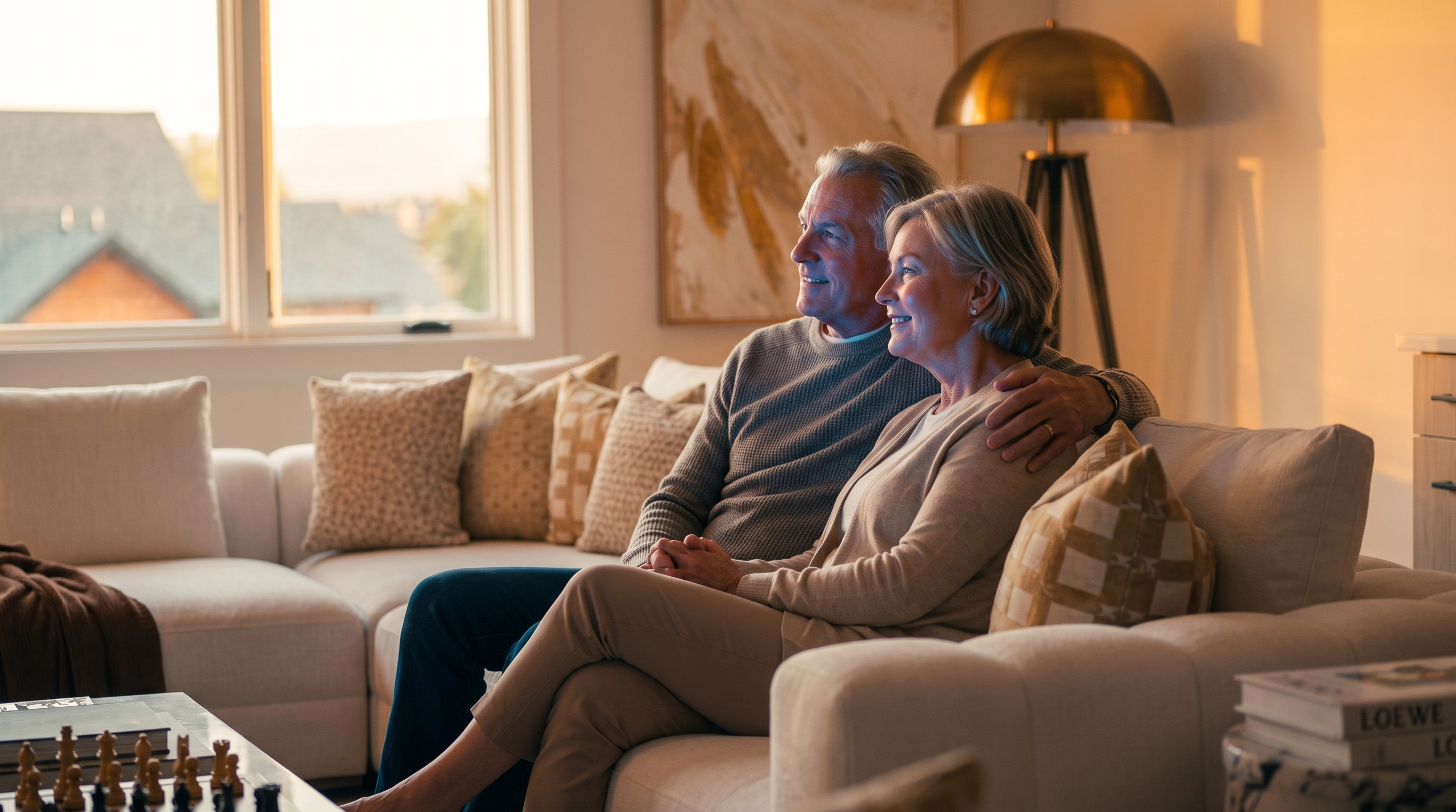This cozy, open-concept living space features vaulted ceilings and a warm, sunset-lit atmosphere, seamlessly integrating a comfortable seating area with a modern kitchenette. Key highlights include a wall-mounted television, a soft-toned sectional sofa, and tasteful decor such as a chess set and floral arrangements. The high-end finishes and ambient lighting create an inviting and sophisticated environment suitable for relaxing or hosting guests.