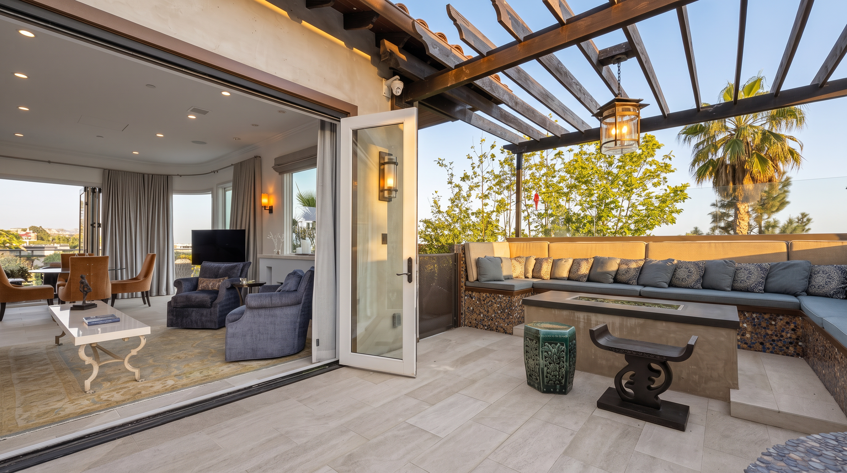 This inviting outdoor living space features a covered patio with a wooden pergola, seamlessly connected to an indoor living area through large glass doors. The patio includes a built-in stone-clad bench with plush seating, a central fire pit, and decorative accent tables, creating a perfect environment for relaxation or entertaining. The transition between the indoor living room and the outdoor terrace highlights an open-concept design that emphasizes natural light and a fluid indoor-outdoor lifestyle.