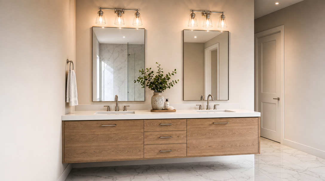 This sleek and modern bathroom features a floating dual vanity with natural wood grain cabinetry and a clean white countertop. Two rectangular mirrors are illuminated by sophisticated industrial-style wall sconces, while the marble-look tiled floor adds a sense of luxury. The overall aesthetic is warm, minimalist, and high-end, perfect for a contemporary home.