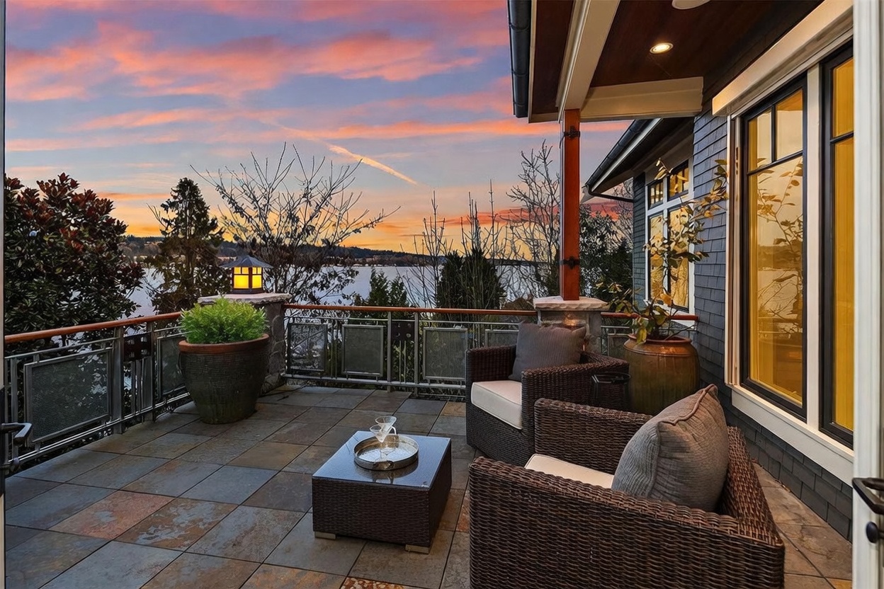 This elegant outdoor deck offers a serene, elevated view of a tranquil lake at sunset, framed by a vibrant, colorful sky. The space is furnished with comfortable wicker lounge chairs and a small coffee table, creating an inviting atmosphere for relaxation. The deck features high-quality stone tiling, a modern metal railing, and decorative potted plants, emphasizing a sophisticated and peaceful lifestyle.