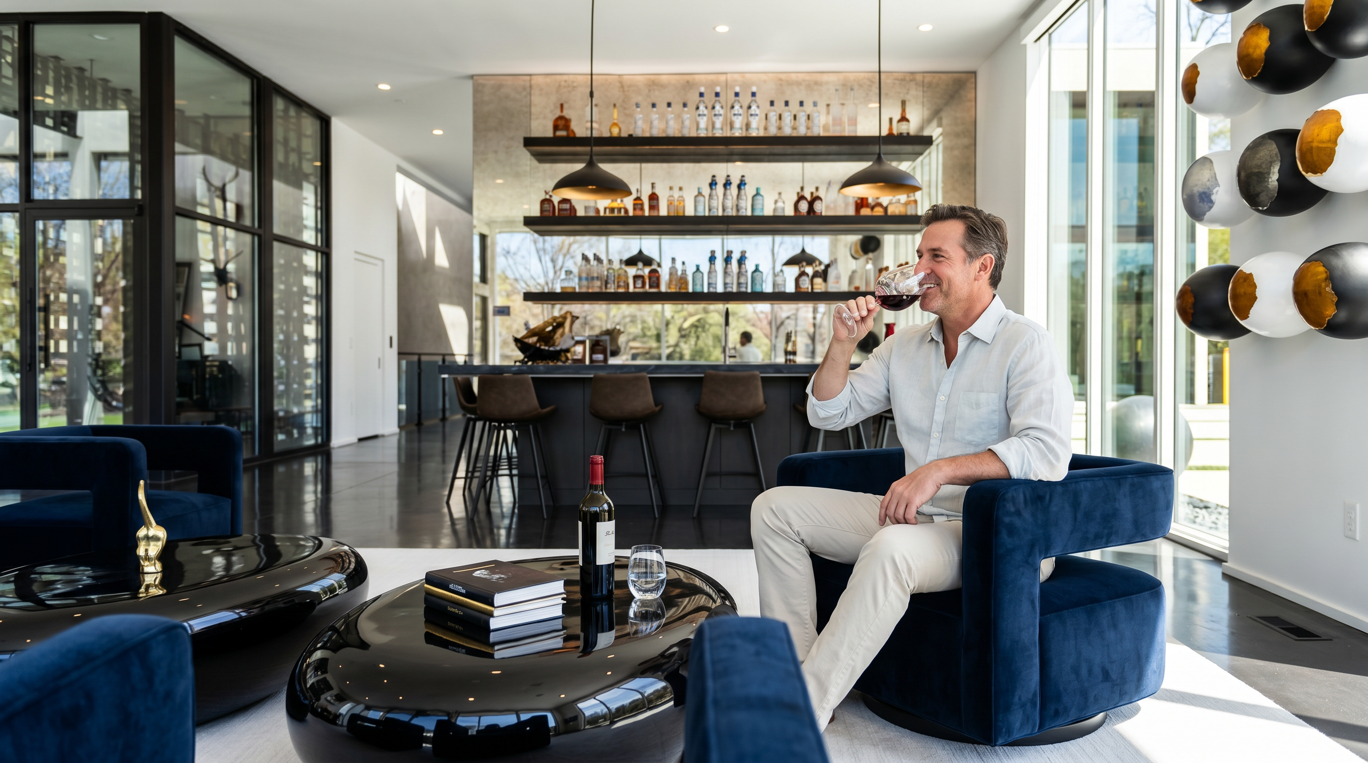 This sophisticated living area features a modern open-concept design with a central bar and lounge seating. The space is anchored by deep blue velvet armchairs and two glossy, organic-shaped coffee tables, set against a backdrop of large windows and a striking wall installation of spherical art pieces. The polished dark flooring and sleek bar area with pendant lighting create a high-end, contemporary atmosphere perfect for entertaining.