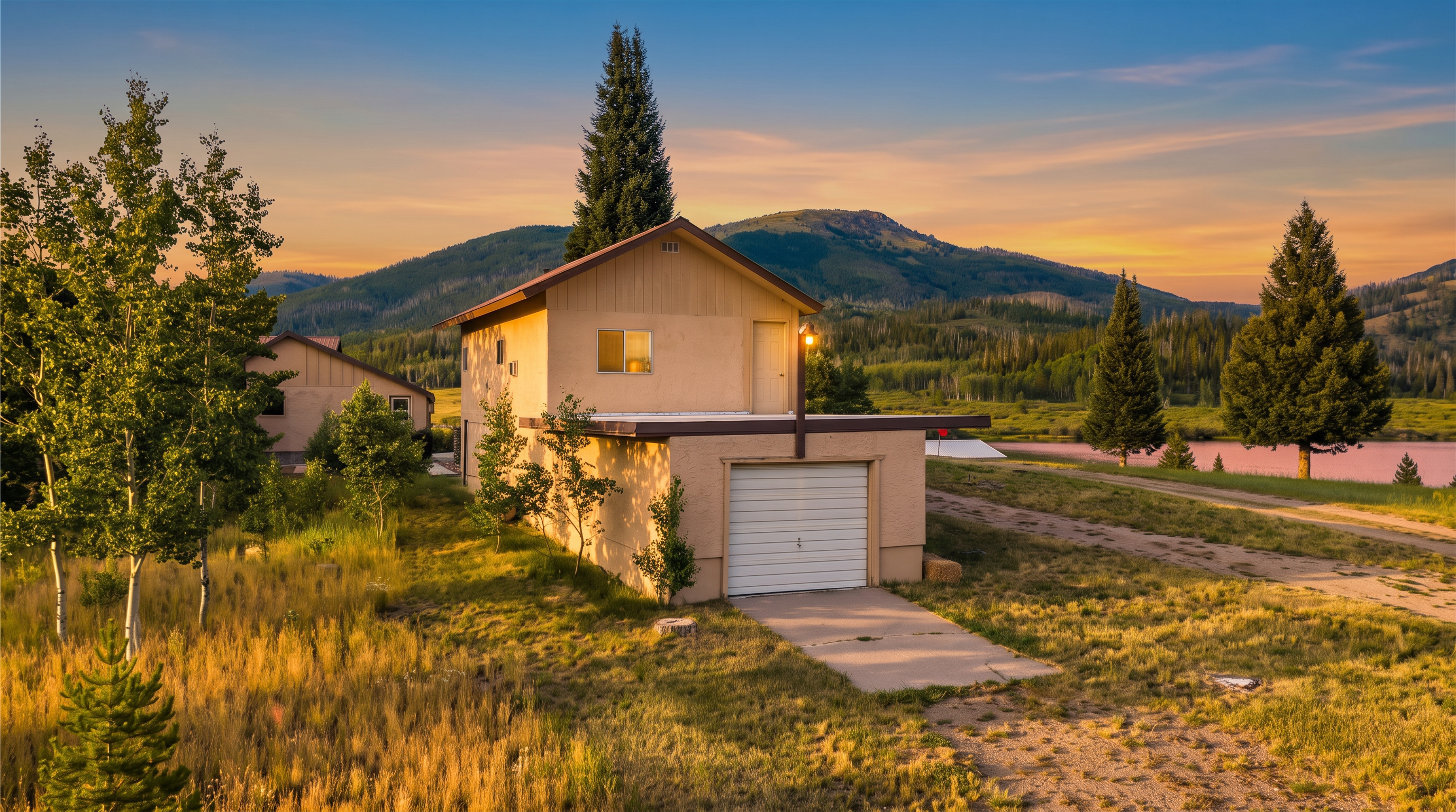 This side view captures a two-story structure with a ground-level garage and a light-colored stucco exterior. The property is situated in a scenic, rural landscape featuring a grassy meadow, mature pine trees, and a distant mountain range under a clear blue sky. A small concrete driveway leads to the garage, and a glimpse of a nearby lake is visible in the background, suggesting a peaceful, recreational setting.