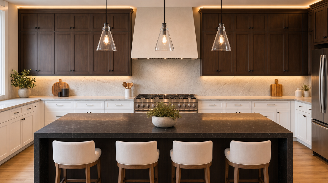 This stunning contemporary kitchen features a blend of dark wood upper cabinets and crisp white lower cabinetry, perfectly complemented by a large central island with a dark stone countertop. High-end amenities, including a professional-grade range with a custom hood and elegant glass pendant lighting, create a sophisticated yet inviting atmosphere. The design is unified by light-colored marble backsplash tiles and warm under-cabinet lighting, making it a perfect focal point for a modern luxury home.