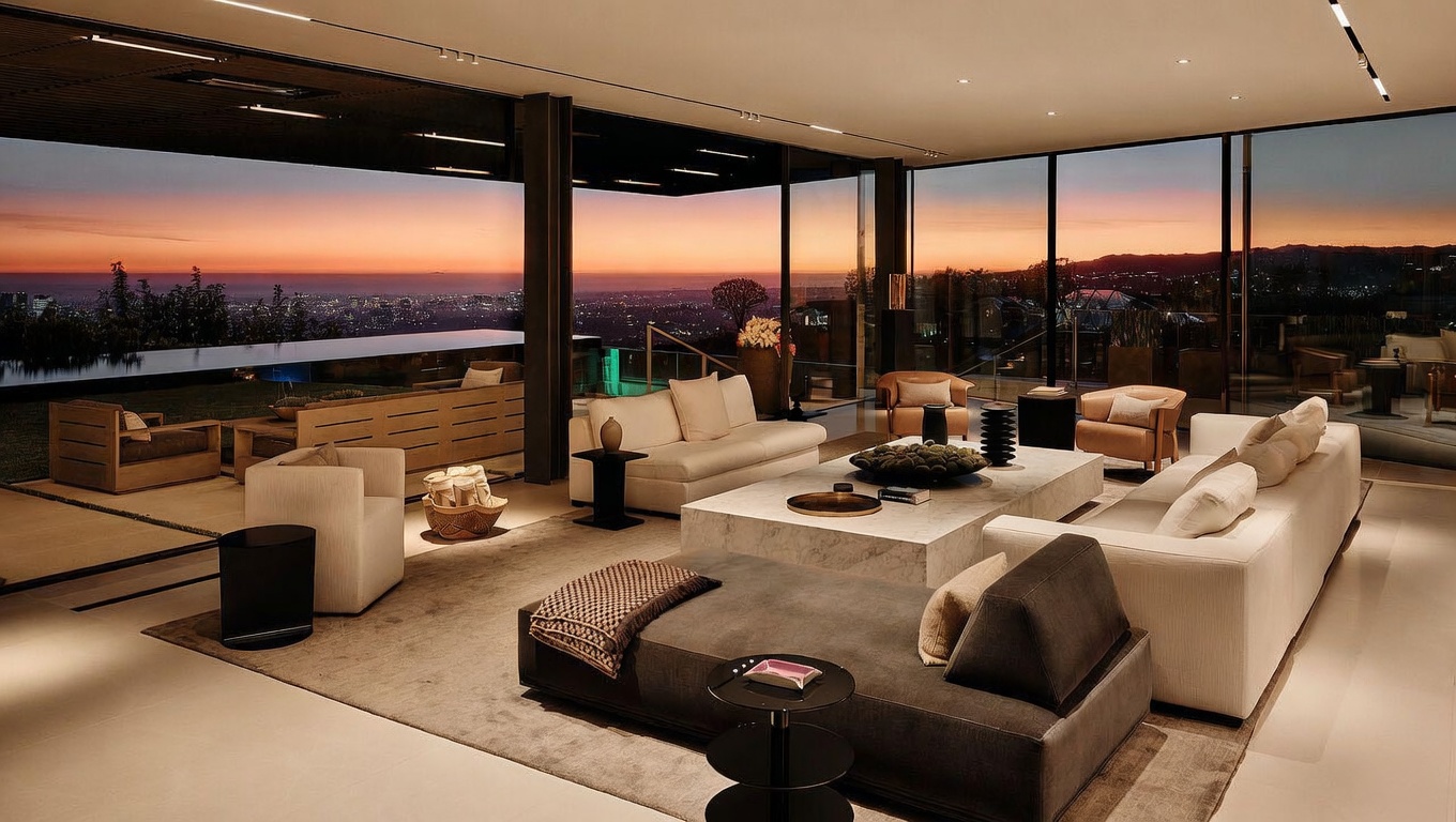 This expansive, ultra-modern living room features floor-to-ceiling glass walls that seamlessly blend the interior with a breathtaking sunset view over the city skyline and an infinity-edge pool. The space is furnished with plush, neutral-toned sofas, a large marble coffee table, and a low-profile lounge chair, all arranged on a soft area rug to create a sophisticated, open-concept atmosphere. The minimalist design and warm ambient lighting emphasize a luxurious, high-end lifestyle perfect for entertaining.