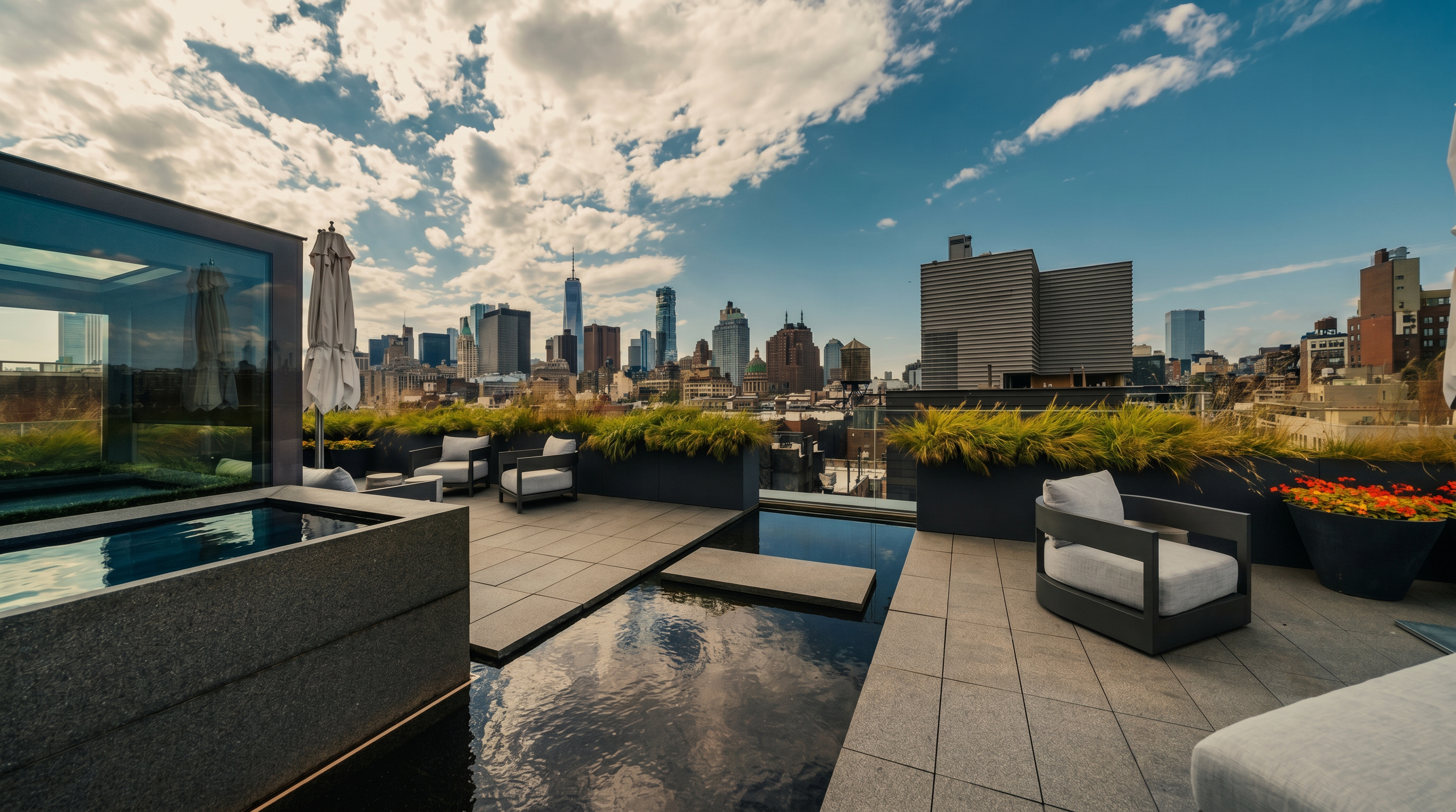 This expansive rooftop terrace offers a sophisticated outdoor living space with a sleek, dark-tiled reflecting pool and a glass-enclosed spa area. The deck is furnished with modern, low-profile lounge seating and accented by planters filled with lush ornamental grasses. The setting provides a panoramic view of the New York City skyline, creating an impressive urban oasis.