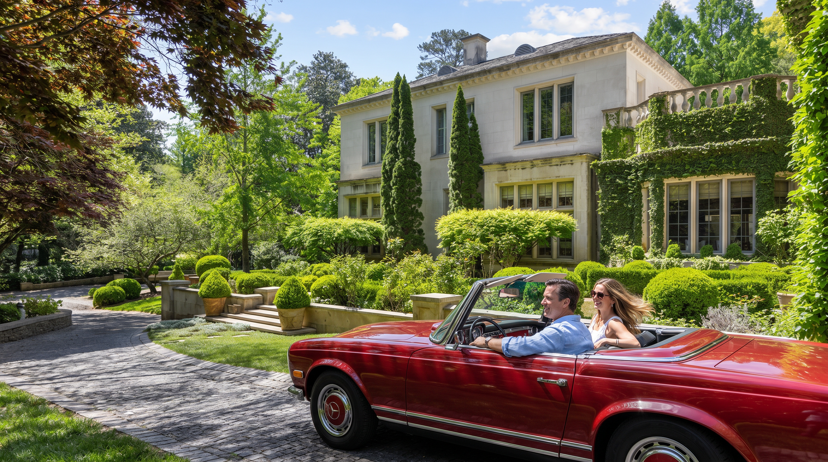 This elegant, light-colored stone residence features classic architectural details and a prominent terrace covered in lush ivy. The property is framed by a meticulously landscaped garden with manicured boxwood shrubs, tall cypress trees, and a winding cobblestone driveway. The perspective captures the grand scale of the home from a low angle, emphasizing its sophisticated curb appeal and serene, park-like setting.