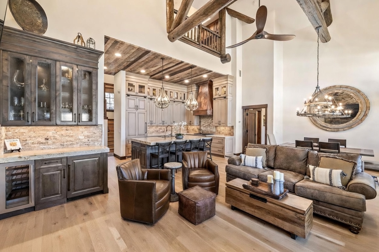 This expansive open-concept living area showcases a rustic mountain aesthetic with exposed timber beams and high ceilings. The space features a comfortable leather seating arrangement centered around a wooden coffee table, with a well-appointed kitchen and dining area visible in the background. The warm wood flooring and neutral color palette create an inviting, sophisticated atmosphere perfect for entertaining.