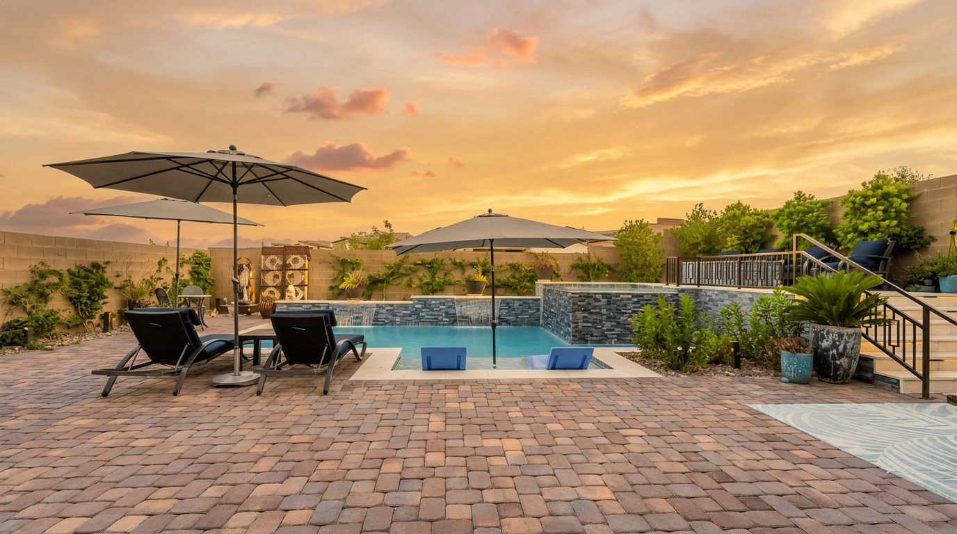 This backyard oasis features a rectangular swimming pool with a raised stone-clad water feature and an integrated spa. The surrounding patio is paved with interlocking stone pavers and includes lounge chairs shaded by large umbrellas, creating a comfortable space for outdoor relaxation. The area is enclosed by a high perimeter wall, providing privacy and a clean, modern aesthetic for the outdoor living space.