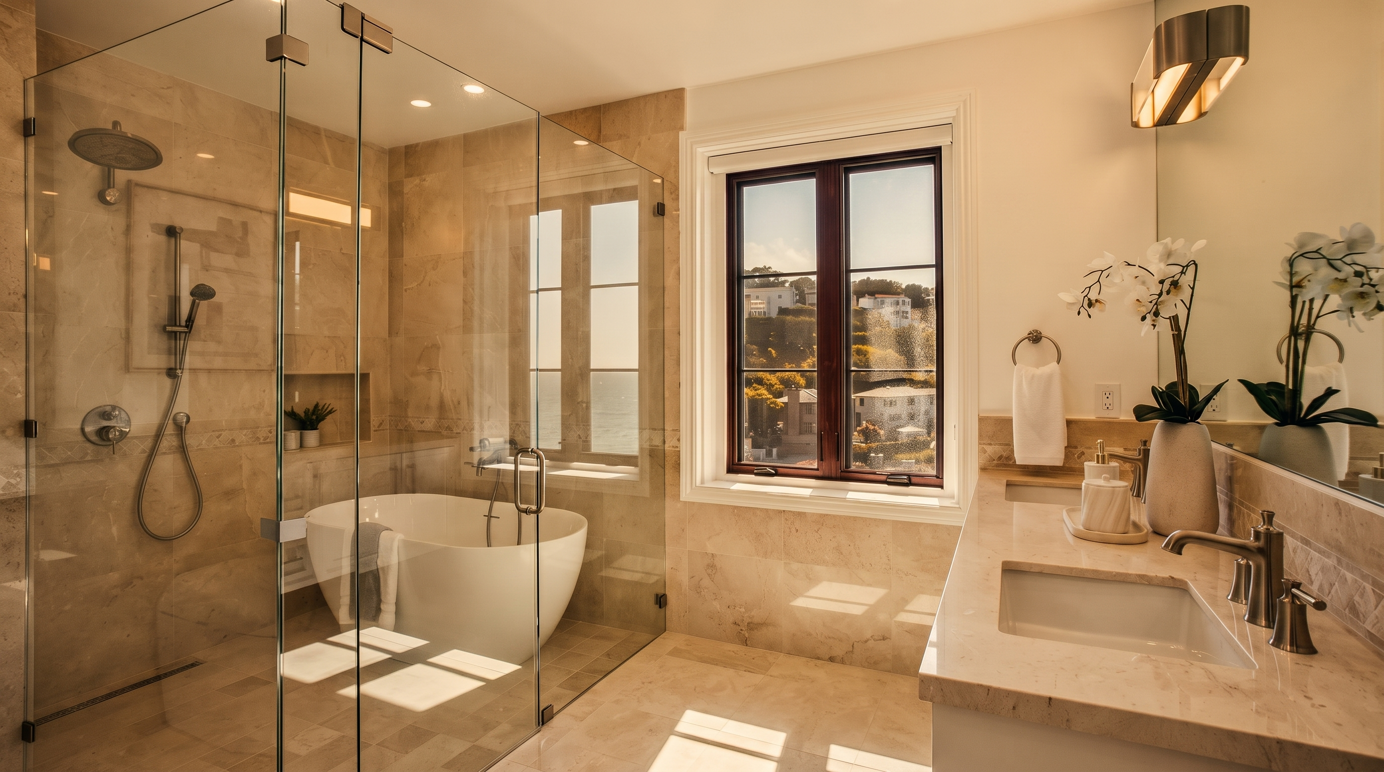 This bright and airy primary bathroom features a large glass-enclosed wet room containing a freestanding soaking tub and a rainfall shower. A double vanity with stone countertops and dual sinks sits opposite the shower, complemented by a large mirror and elegant wall sconces. A window provides natural light and a view of the outdoors, creating a serene and spa-like atmosphere.