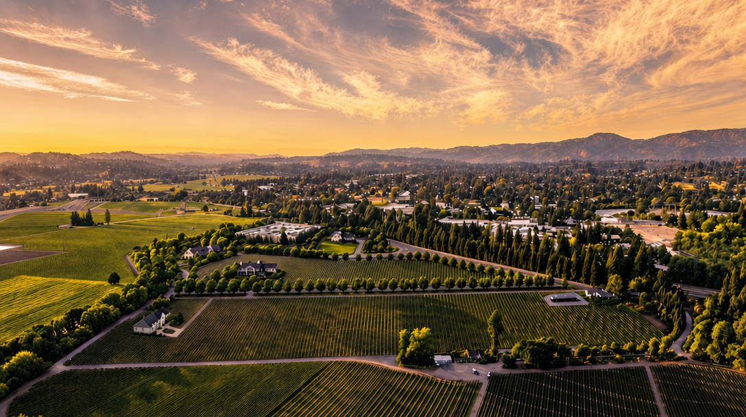 This stunning aerial view captures a sprawling vineyard estate set against a picturesque mountainous backdrop during a vibrant golden-hour sunset. The property features meticulously manicured rows of grapevines, established tree-lined driveways, and charming residential buildings nestled within the landscape. The scene conveys a sense of serene luxury and established agricultural beauty, ideal for a prestigious estate listing.