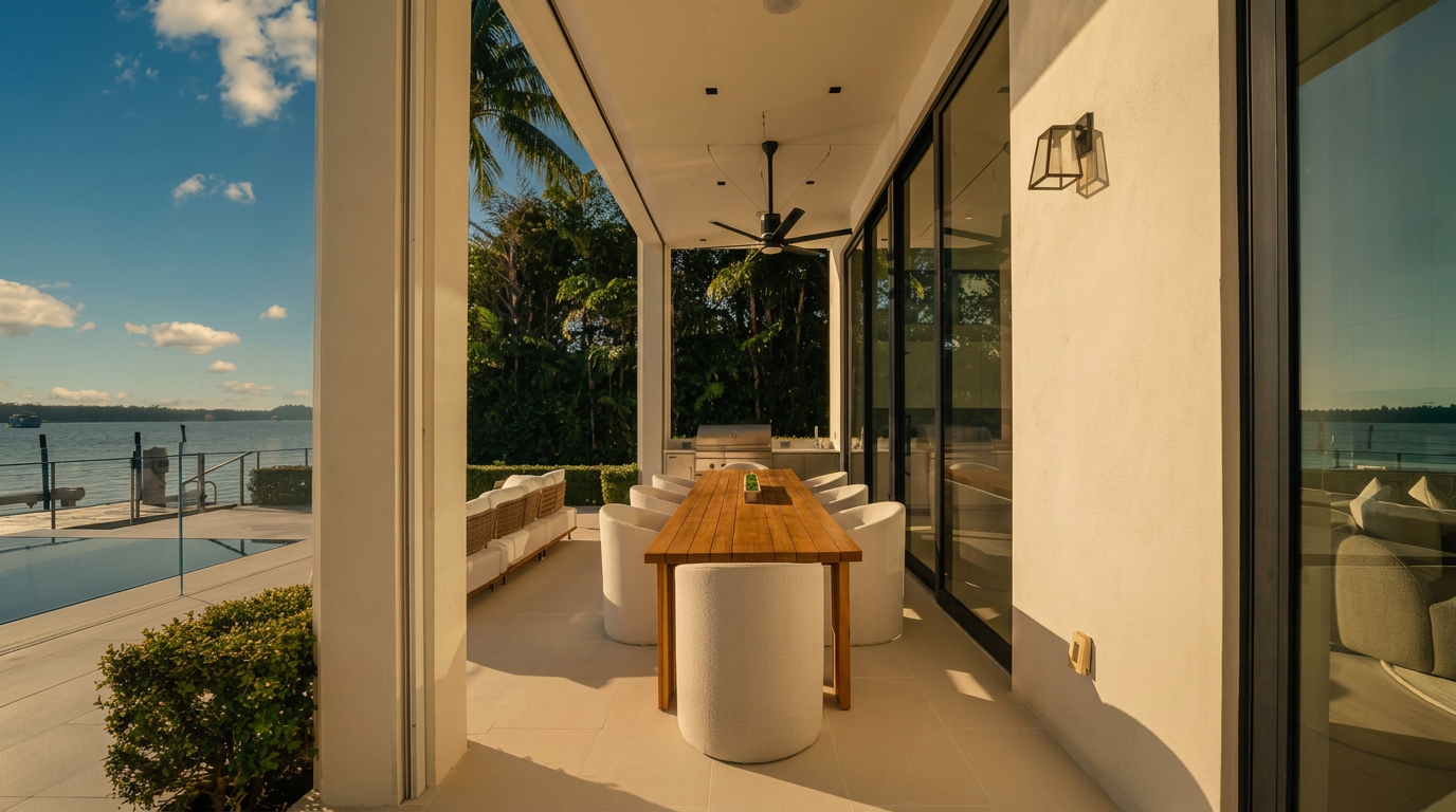 This covered outdoor patio features a long wooden dining table surrounded by modern white chairs, creating an elegant space for al fresco dining. The area is framed by large glass sliding doors that connect to the interior, while a ceiling fan provides comfort. Beyond the patio, a swimming pool and a scenic waterfront view are visible, emphasizing a luxurious, resort-style living experience.