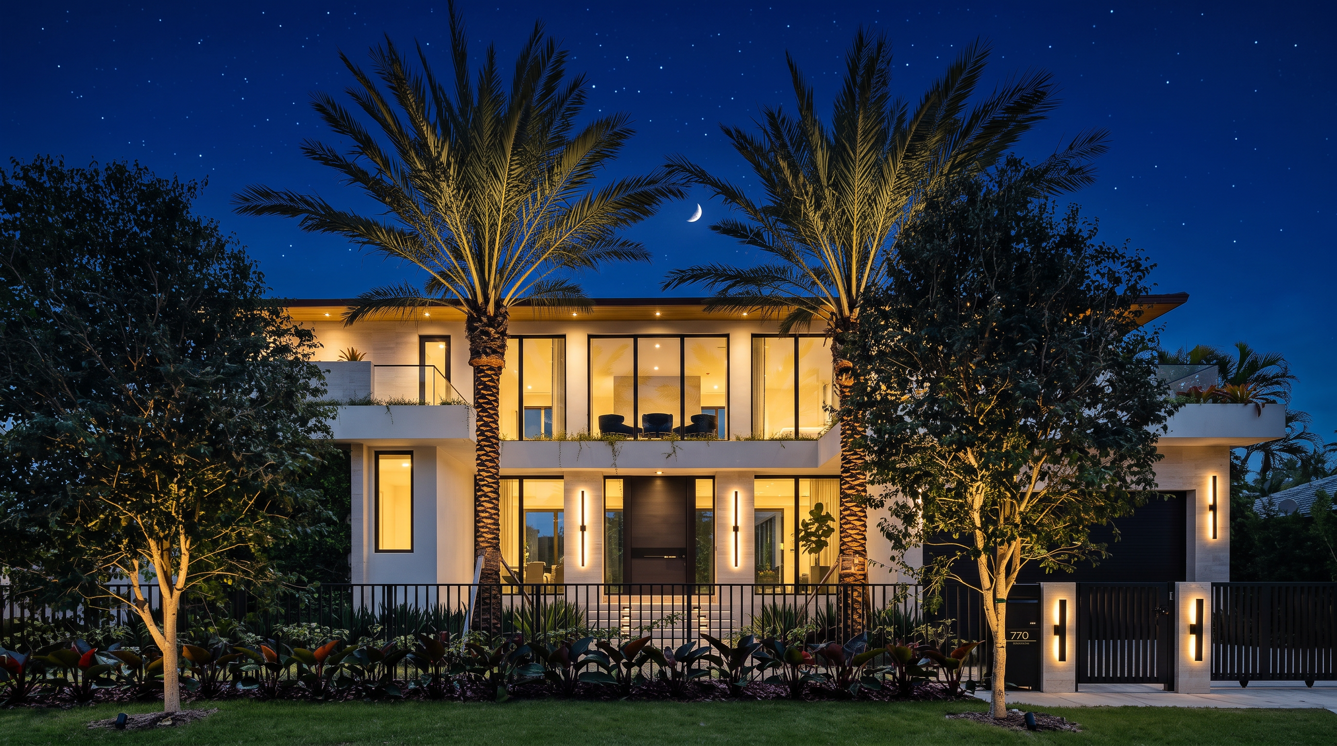 This modern two-story residence features a clean, symmetrical facade with a prominent central entryway and large windows that allow for abundant natural light. The exterior is accented by two tall palm trees framing the structure, a manicured lawn, and a sleek black metal fence with a matching gate. The overall aesthetic is contemporary and sophisticated, showcasing a well-maintained property with a clear view of the front elevation.