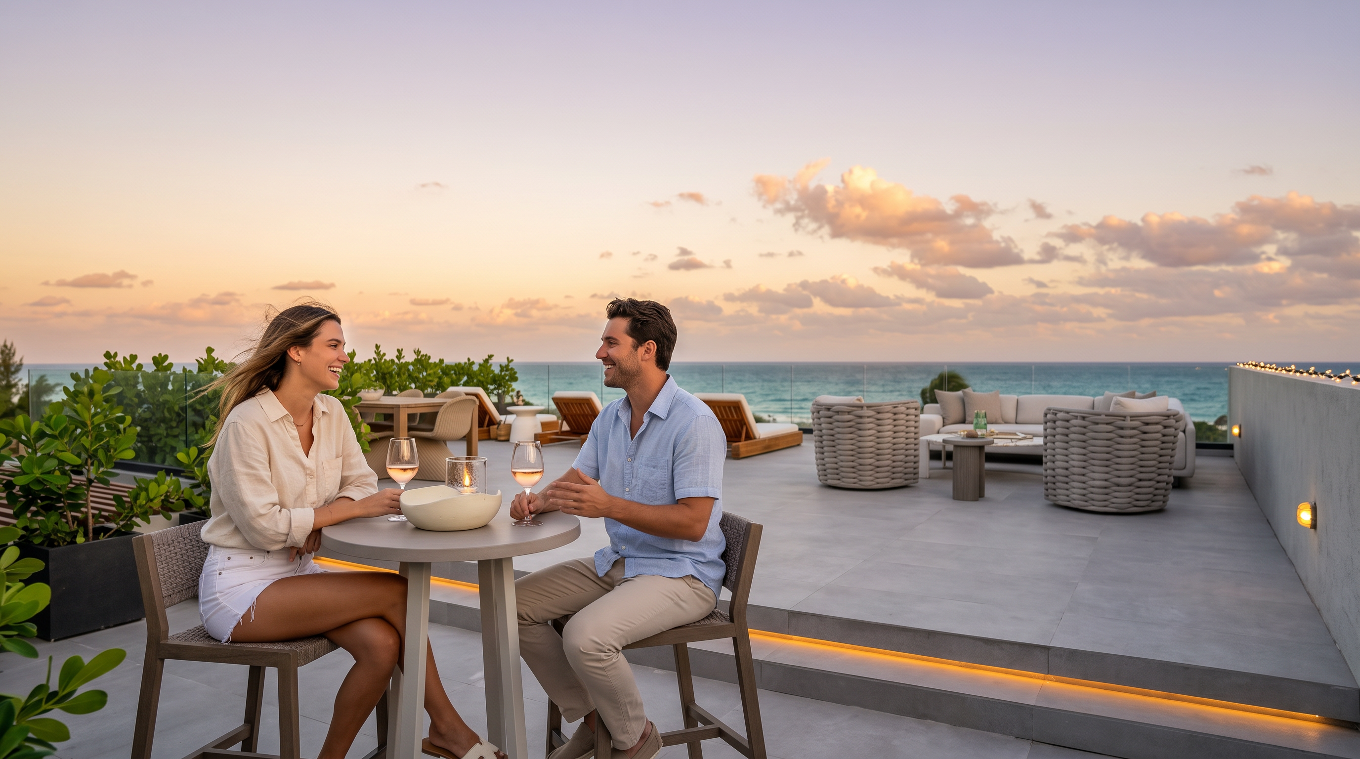 This expansive rooftop terrace offers a luxurious outdoor living space with panoramic ocean views. The area is furnished with a high-top dining set, multiple lounge chairs, and a comfortable seating arrangement, all set against a backdrop of a clear blue sky and the sea. The minimalist design features clean lines, neutral-toned furniture, and a glass railing that maintains an unobstructed connection to the horizon.