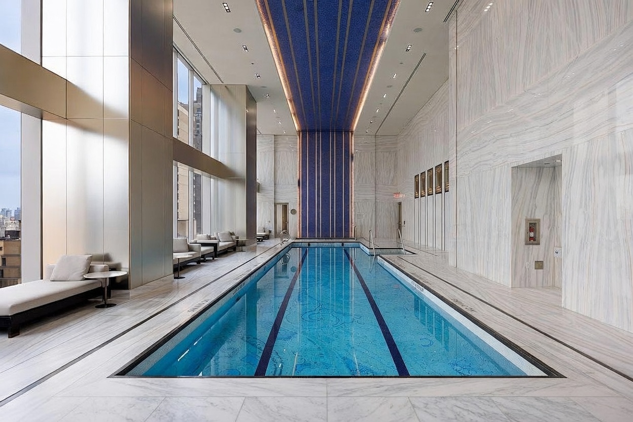 This luxurious indoor lap pool features a striking blue mosaic-tiled ceiling feature that extends down the wall, creating a dramatic focal point. The space is lined with light-toned stone walls and large windows that provide ample natural light and city views. A row of lounge chairs is positioned along the side, offering a sophisticated area for relaxation within this high-end residential amenity.