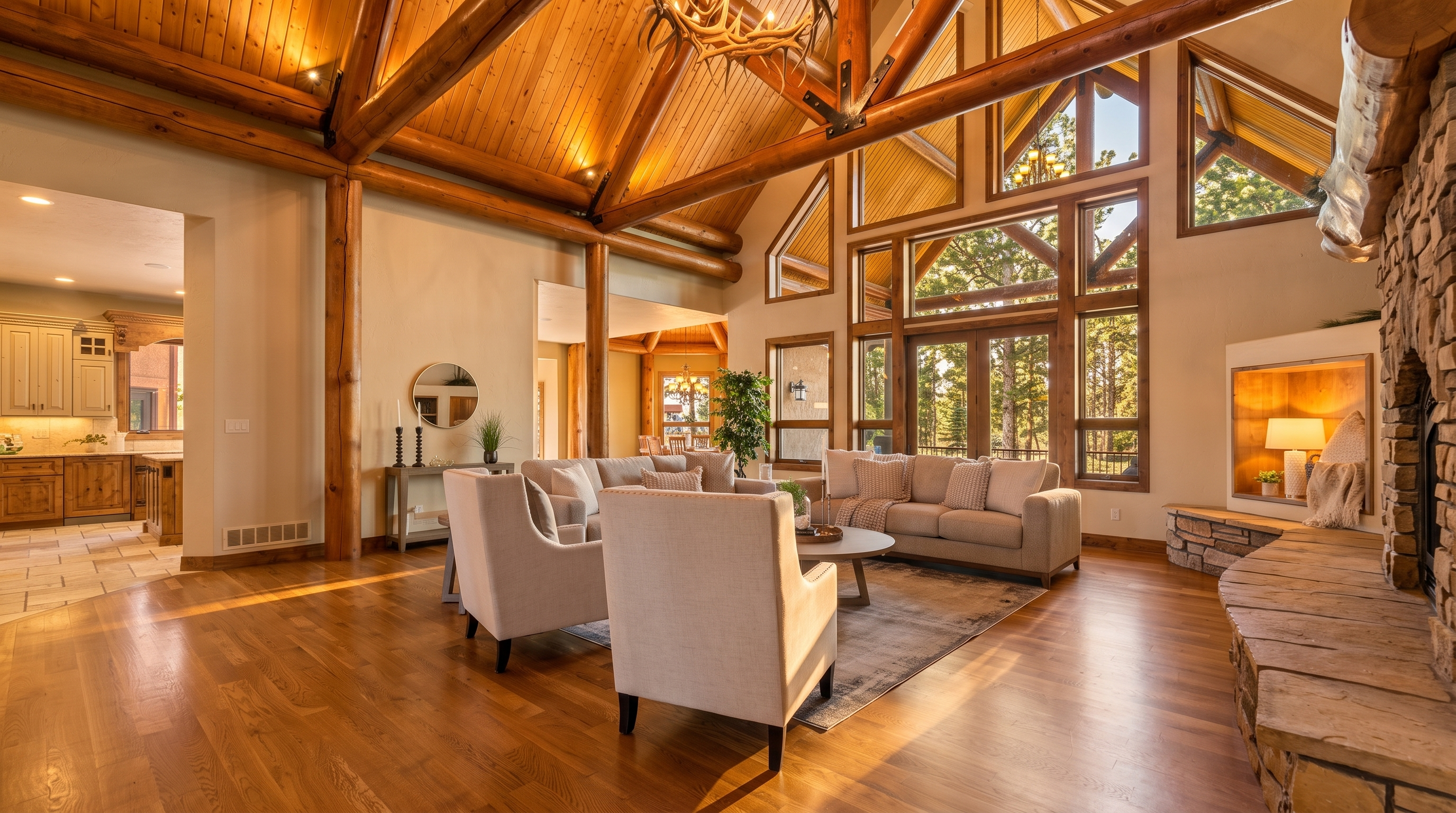 This expansive living room features a dramatic vaulted ceiling with exposed log beams and a rustic antler chandelier. The space is anchored by a large stone fireplace surround and a wall of tall windows that provide abundant natural light and views of the surrounding trees. The open-concept layout flows seamlessly into a kitchen area, creating a warm, lodge-inspired atmosphere with light-toned furniture and hardwood flooring.