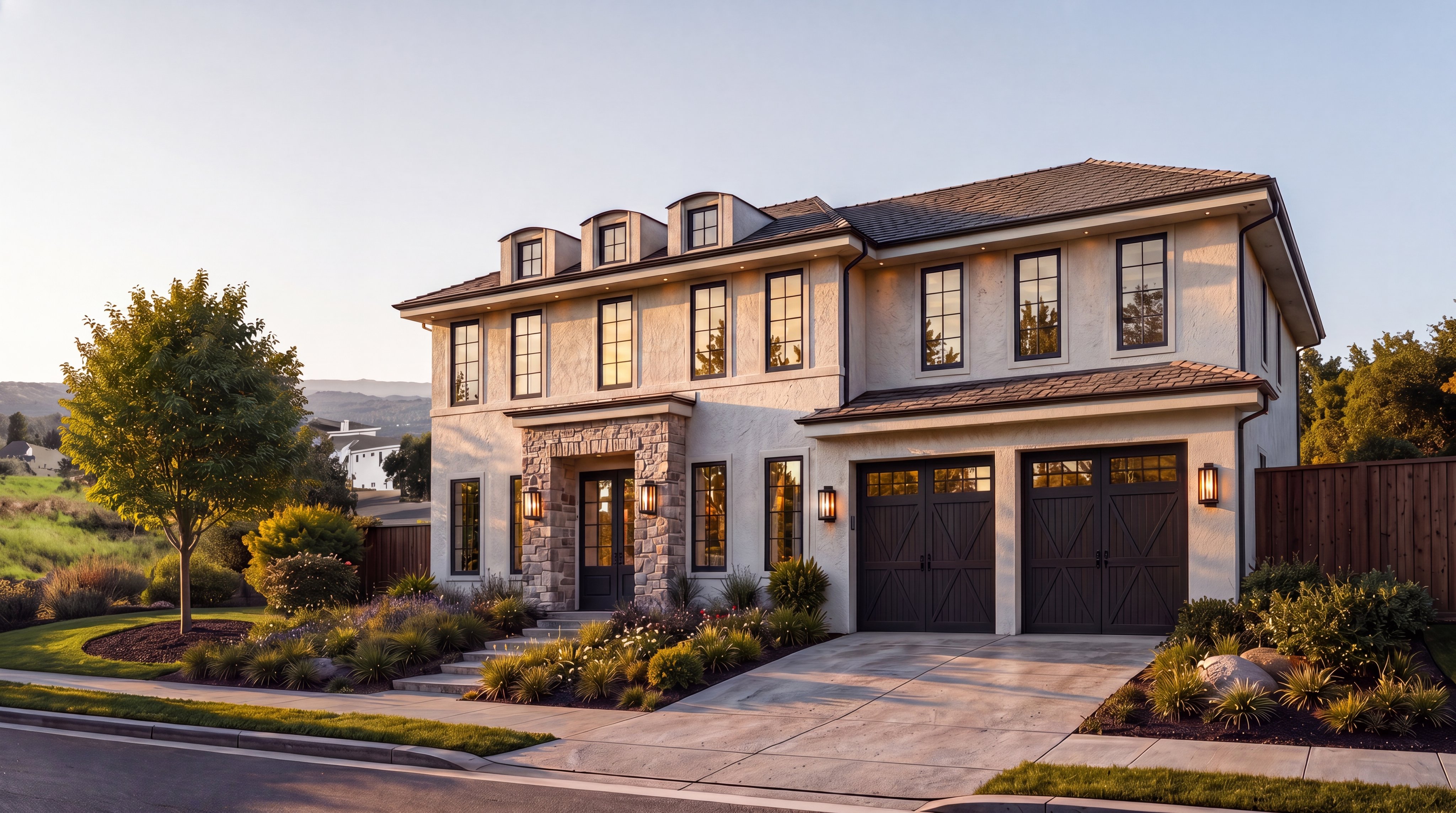 This elegant two-story home features a classic Mediterranean-inspired design with a stucco facade and stone-accented front entryway. The exterior is highlighted by dark-framed multi-pane windows, dual carriage-style garage doors, and charming dormer windows on the roof. Set within a manicured landscape, the property exudes a warm and welcoming curb appeal perfectly suited for a premium residential listing.