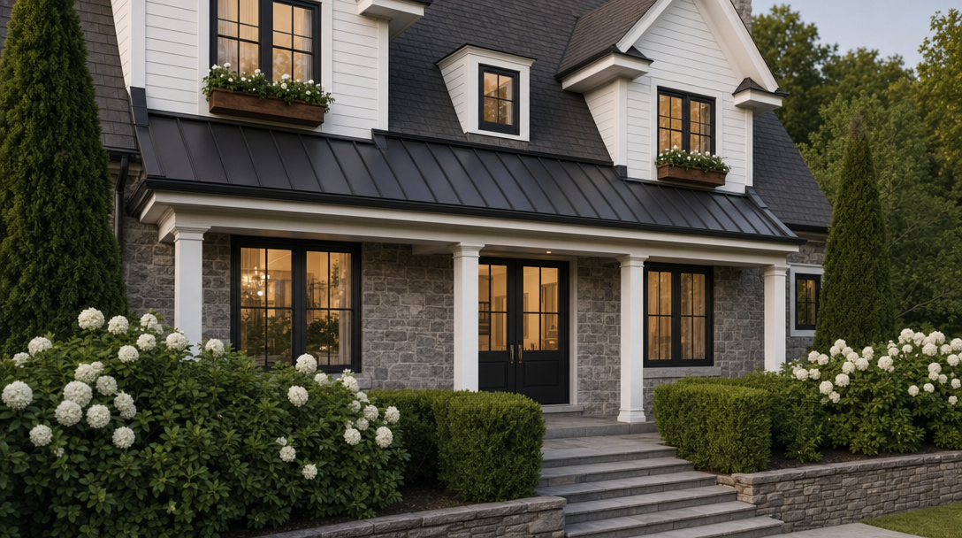 This charming front facade features a classic blend of stone siding and white horizontal trim, complemented by dark-framed windows and a striking black metal roof over the front porch. The inviting entryway includes a set of double doors reached by stone steps, framed by lush landscaping and blooming white hydrangeas. The home exhibits an elegant, well-manicured aesthetic with balanced architecture and warm, welcoming curb appeal.