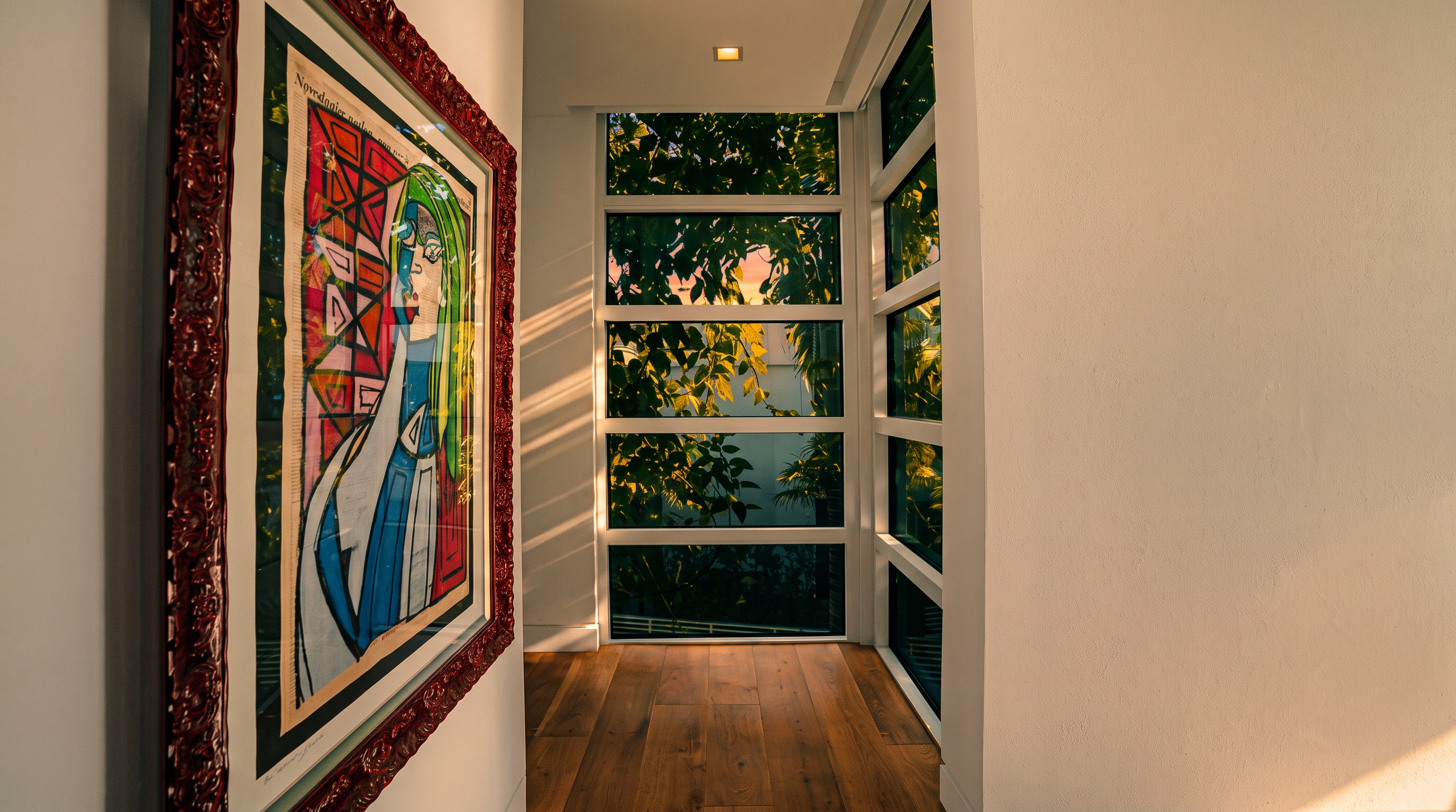 This bright hallway features light wood flooring and a striking piece of colorful, framed artwork mounted on the left wall. To the right, a series of tall, stacked windows provide a clear view of lush green foliage outside, filling the space with natural light. The minimalist white walls and clean lines create a modern and airy atmosphere.